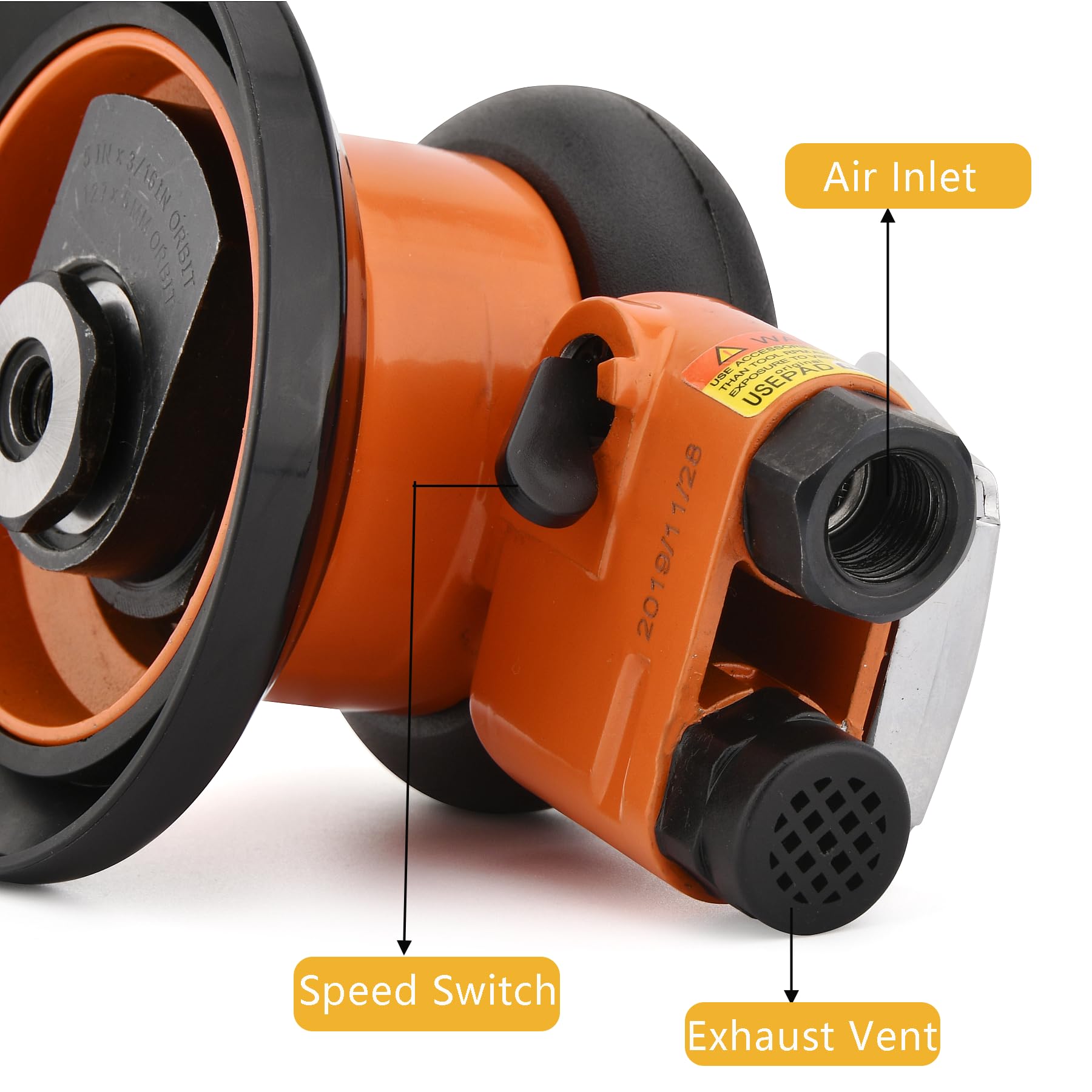 Lijadora excéntrica industrial de aire comprimido de 125 mm, 10000 rpm, lijadora neumática de alto rendimiento para coche y madera (Orange)