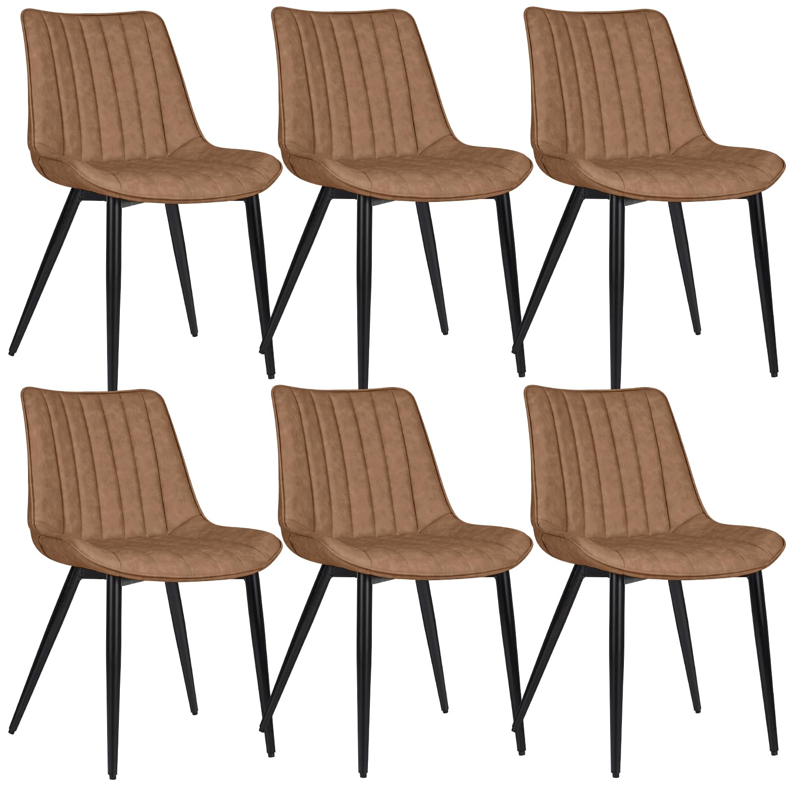 HOMHUM 6 PCS Faux Leather Dining Chairs, Mid Century Modern Leisure Upholstered Chair with Metal Legs for Kitchen Living Room Brown