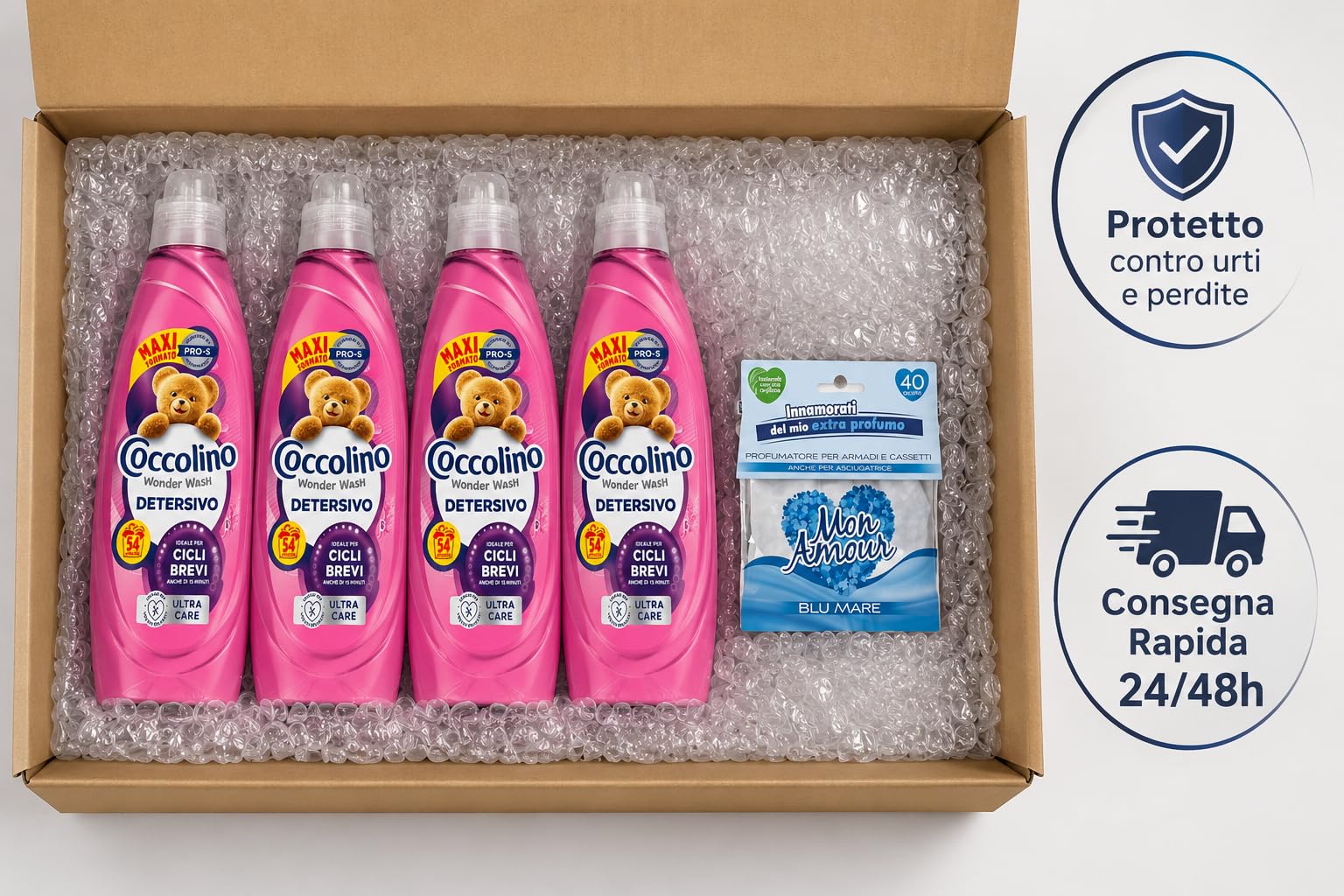 Coccolino Wonder Wash Ultra Care 4 x 54 Lavaggi (216 Totali) – Detersivo Liquido Lavatrice 2160 ml x4 – Ideale per Cicli Brevi – Maxi Scorta Convenienza + Profumatore Mon Amour in Omaggio