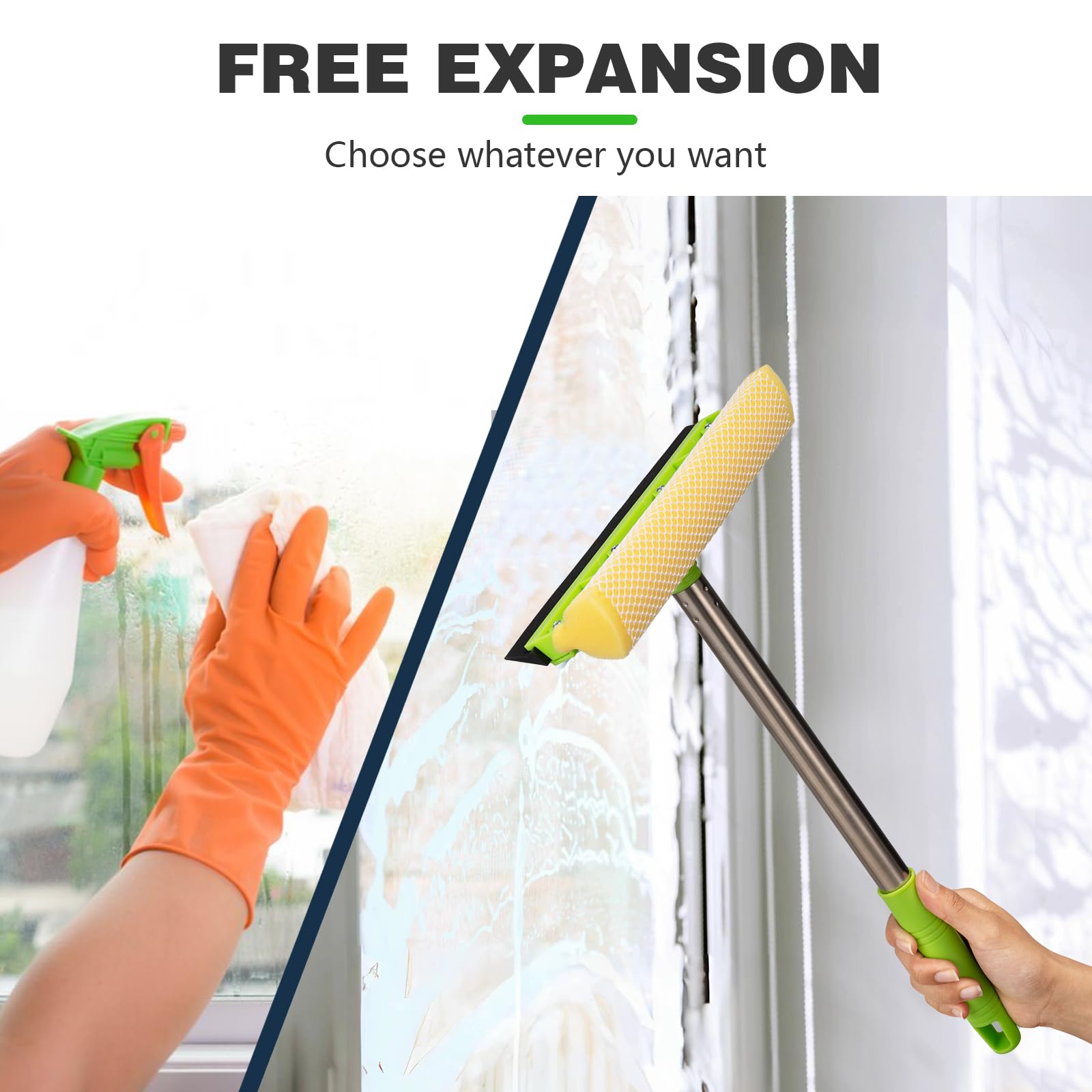 Professional 2 in 1 Window Squeegee with Long Stainless Steel Handle,Sponge Car Window Squeegee for Gas Station, Glass,Shower,Outdoor High Window Cleaning (Green)