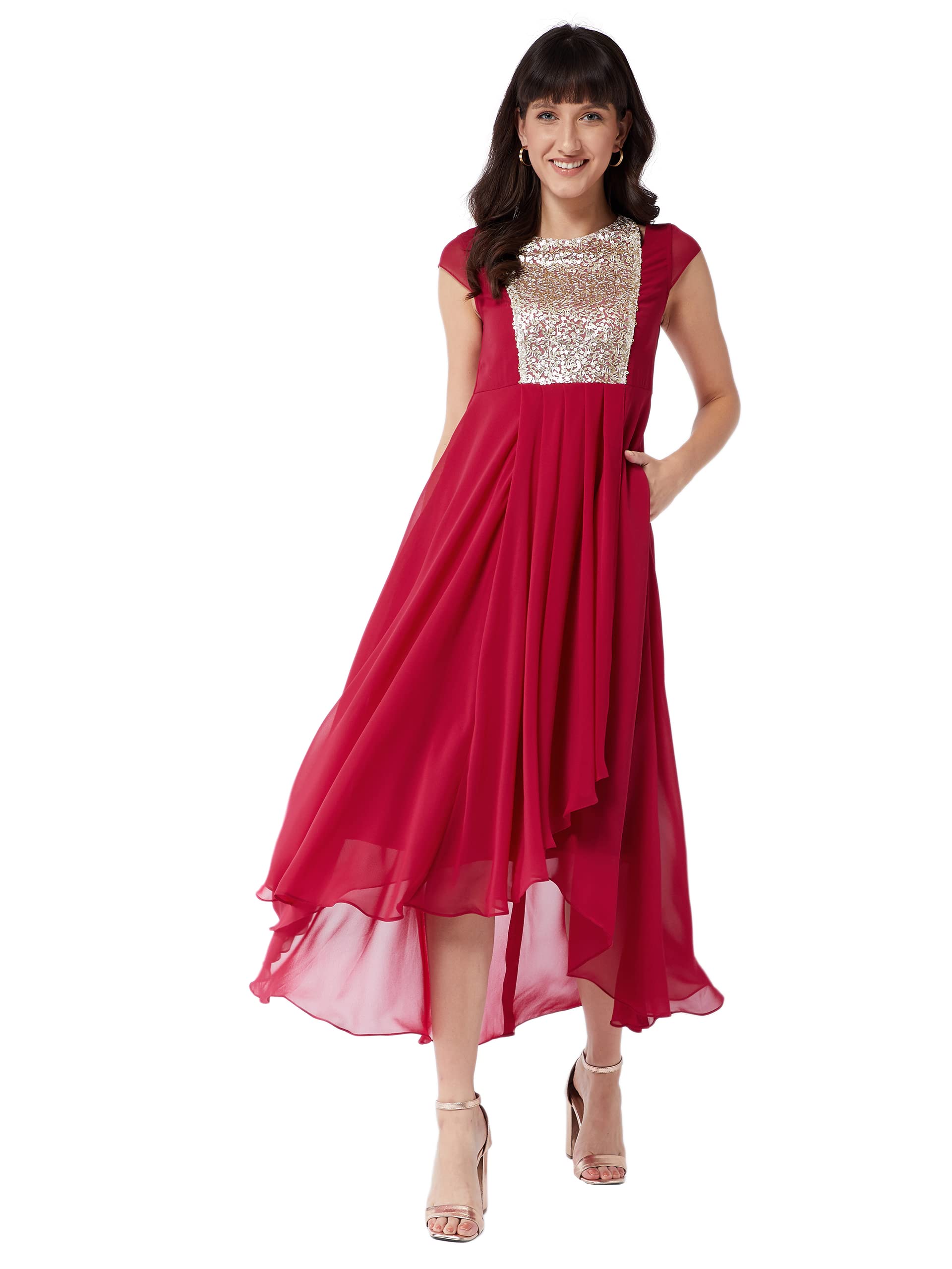 Miss Chase Women's Dark Pink Round Neck Cap Sleeve Solid Embellished Maxi Dress (Mcaw21D06-12-23-02,Dark Pink,Xs)