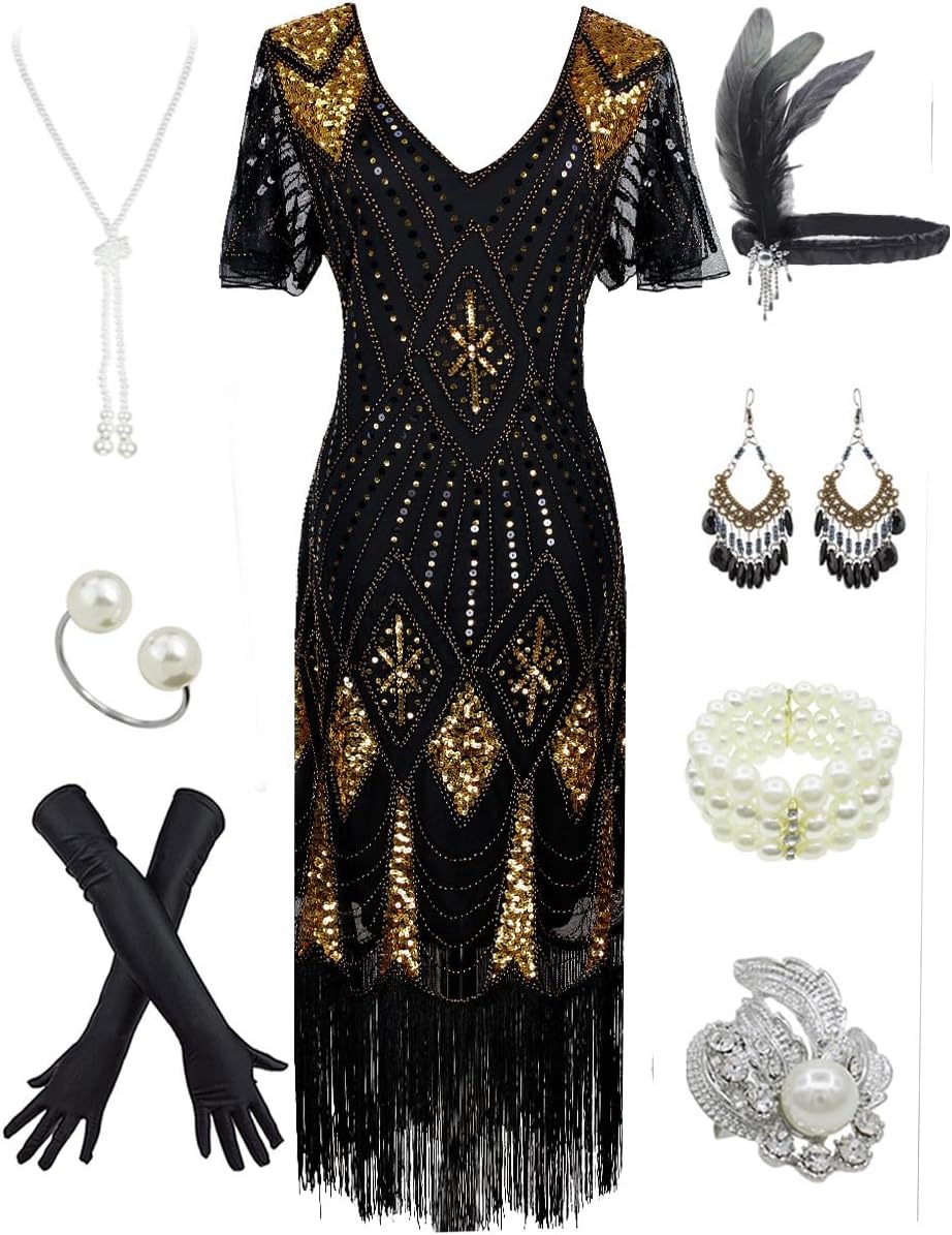 Women's 1920s Gatsby Inspired Sequin Beads Long Fringe Flapper Dress w/Accessories Set