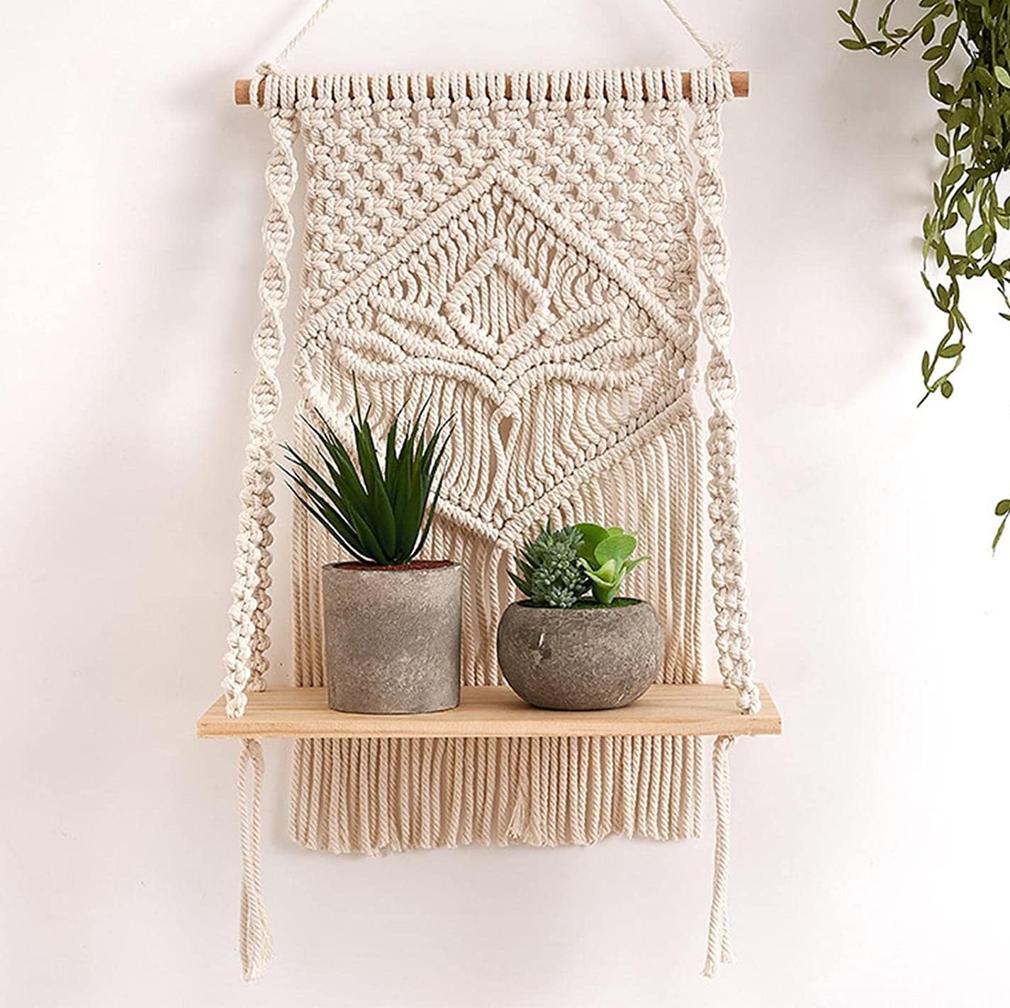 Macrame Wall Hanging Shelf Handmade Decorative Boho Shelves for Gift Home Bedroom Living Room Nursery Party Decoration Off-White, 30 x 50 CM, 1-Pcs (with Free Self Adhesive Wall Hook)