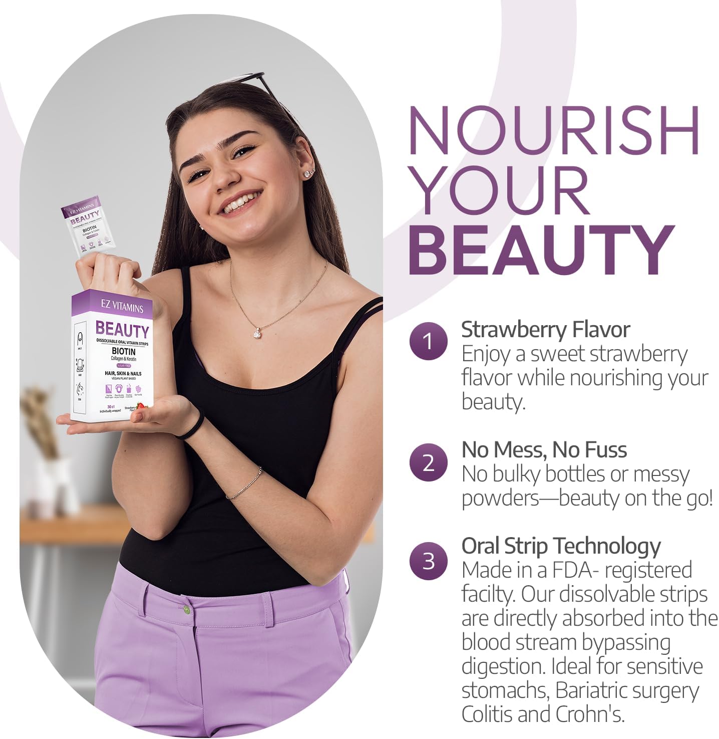 Oral Strips for Hair Growth, Glowing Skin & Strong Nails – Fast-Acting Biotin, Vitamin E, Collagen & Folate Supplement for Men & Women – 2X Faster Results, Strawberry Flavor, 30 Strips | Sugar Free - Image 5