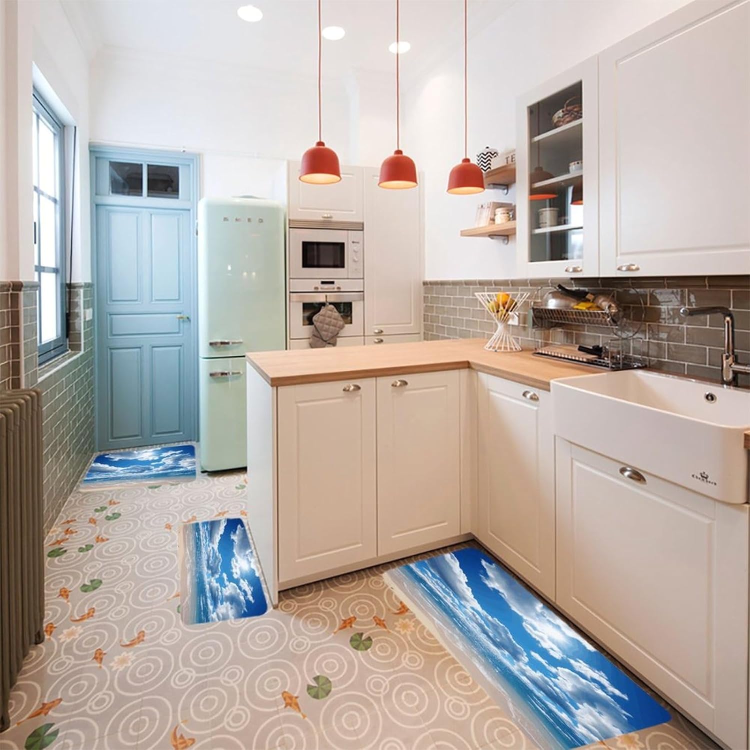 Blue and White Cloud Kitchen Mats Soft Absorbent Rugs for Floor Non Slip Washable Kitchen Mats Fashion Rectangular Rugs for Three-Piece Set for Laundry Office Home Sink