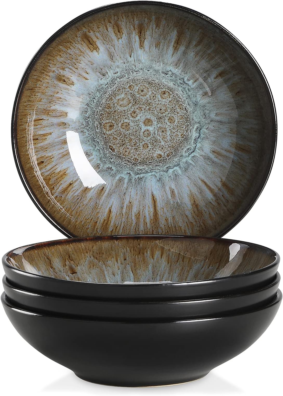 vancasso Bubble Stoneware Wide and Deep Pasta Bowl Set, 4-Piece Reactive Glaze Brown Soup Plate, 8.2in Soup Bowl Large Bowl. 950ml/32oz