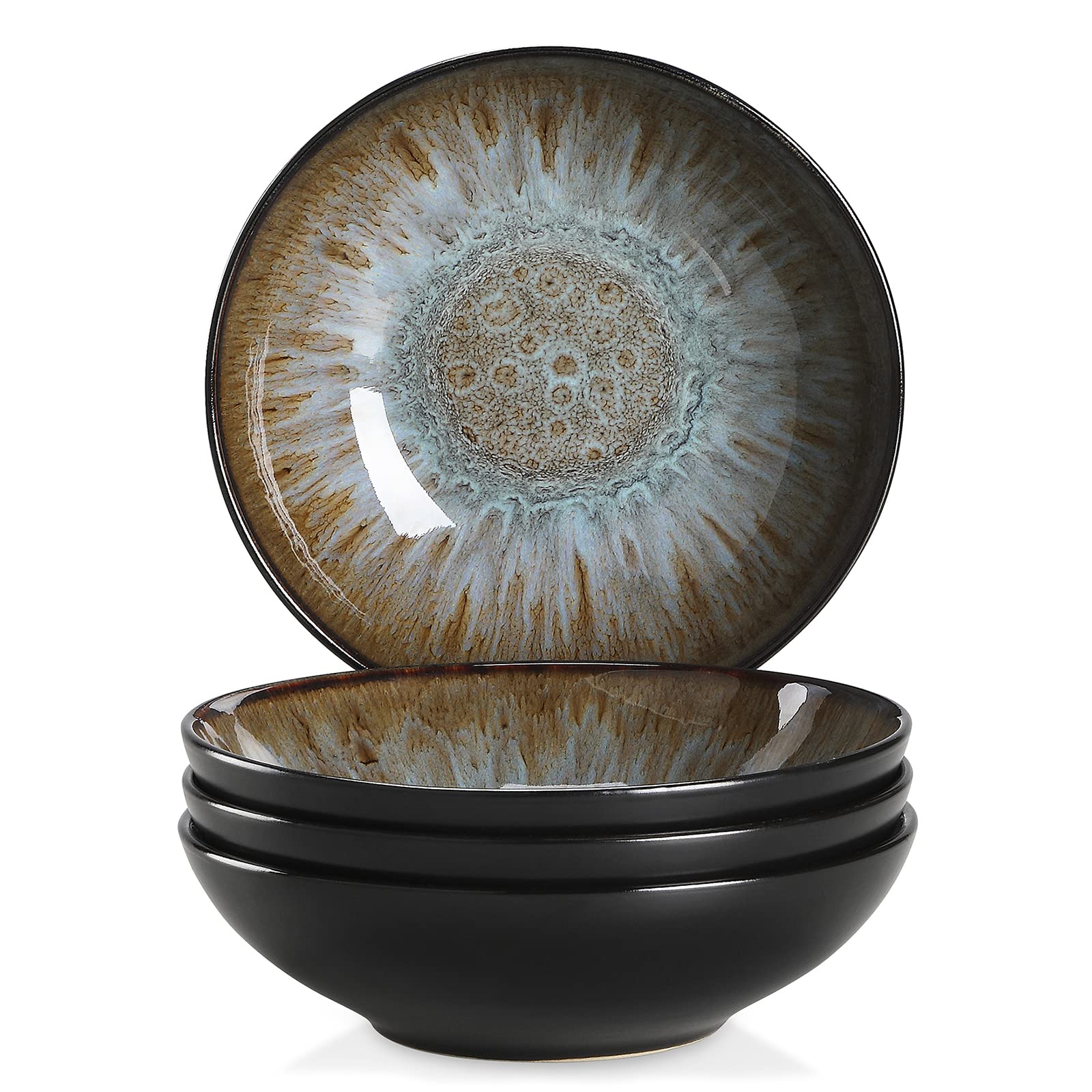 vancasso Bubble Stoneware Wide and Deep Pasta Bowl Set, 4-Piece Reactive Glaze Brown Soup Plate, 8.2in Soup Bowl Large Bowl. 950ml/32oz