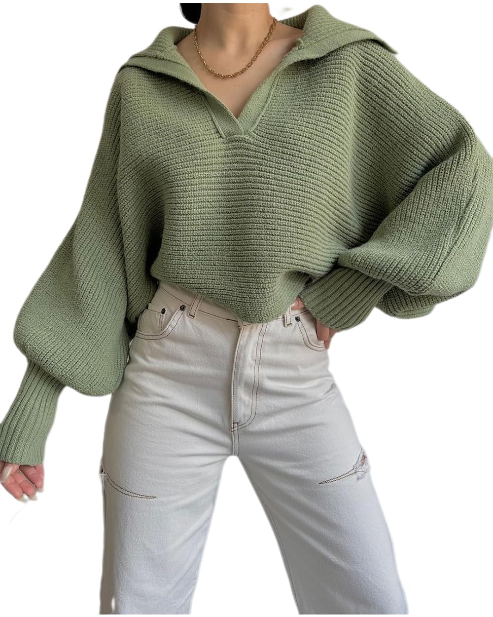 Womens Pink Oversized Collared V Neck Sweater Cozy Knit Pullover Tops Loose Fit Crew Neck Seeaters for Fashion