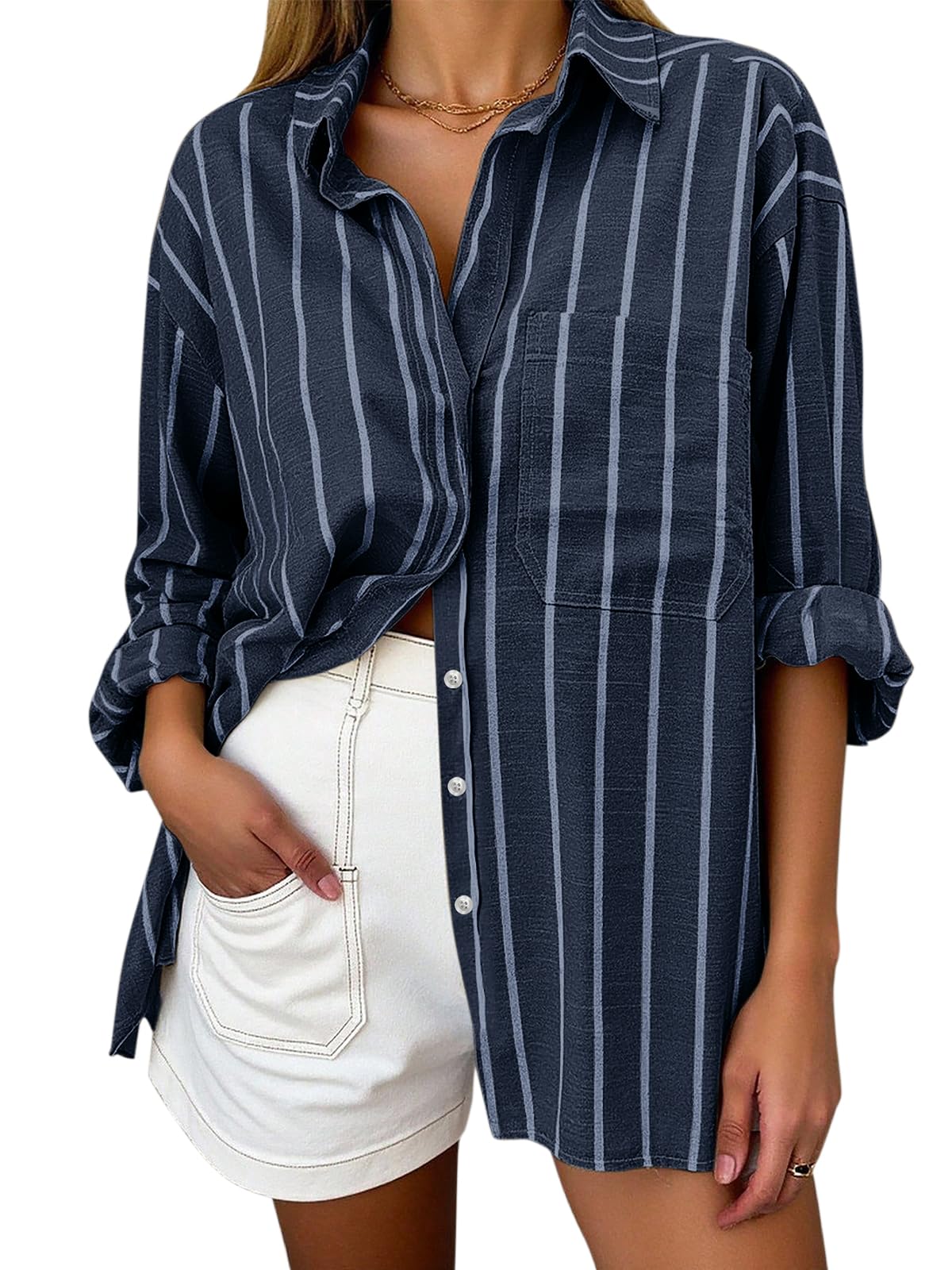 Oversized Button Down Shirts for Women Linen Shirt Long Sleeve Collared Blouses with Pocket Beach Vacation Outfit 2026