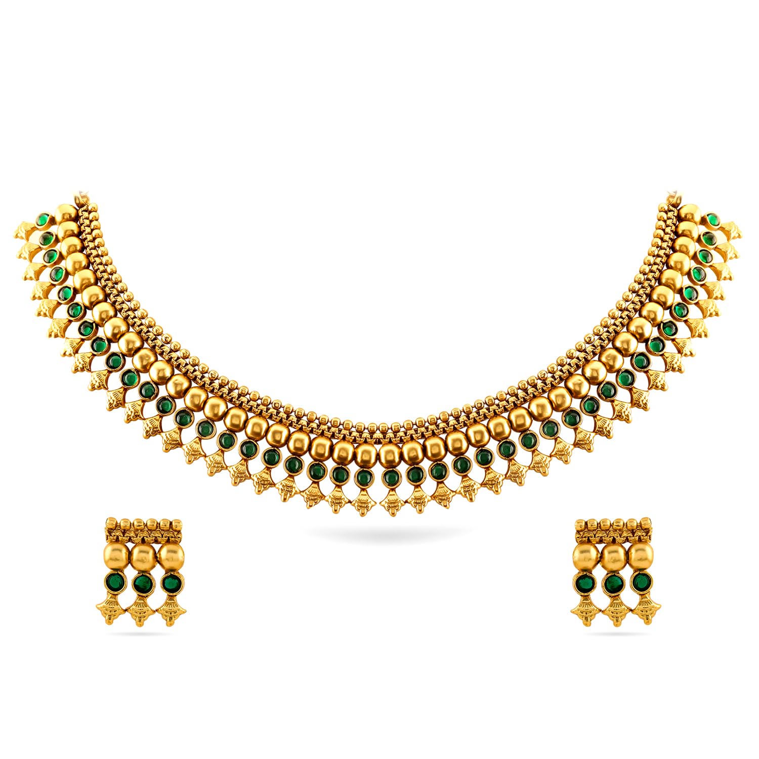 Rubans Womens 22K Gold-Plated Emerald Green Stone Studded Golden Beaded Traditional Necklace Set