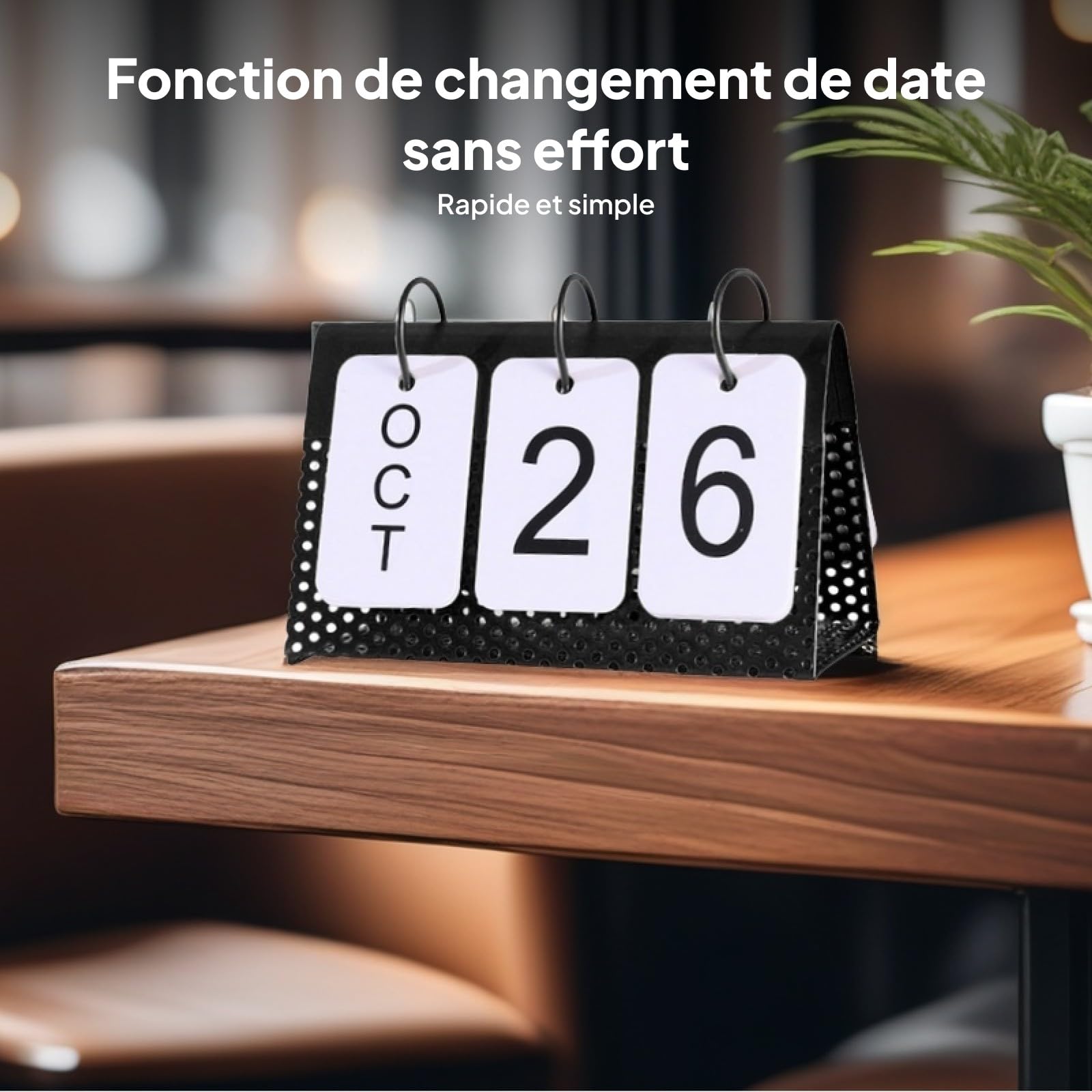 Sharplace Calendrier perpétuel créatif, décor de tournage de table à cadre en métal pour la maison, Le noir