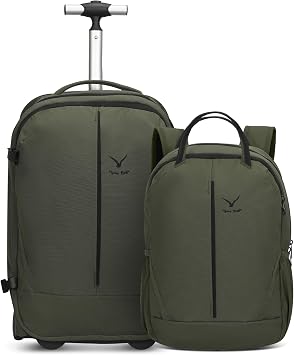 Hynes Eagle 2 in 1 Travel Backpack Set Rolling Backpack with Wheels Carry on Luggage 43L with Personal Item Bag for Men Women 17 inches Laptop Backpack Dark Green