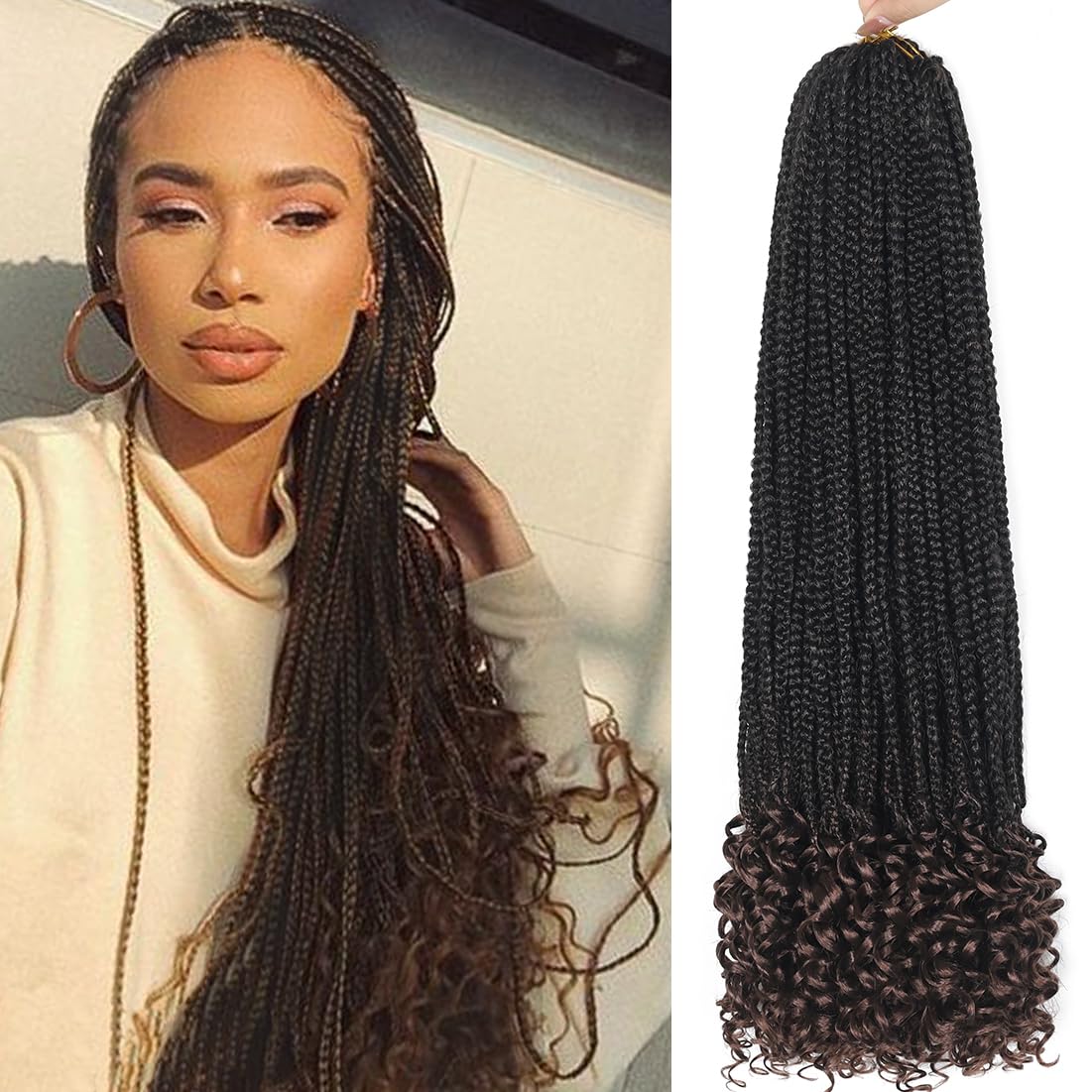 Goddess Box Braids Crochet Hair With Curly Ends Pre-Looped 24 Inch Synthetic Bohemian Box Hair For Black Woman (24 Inch, T30#)