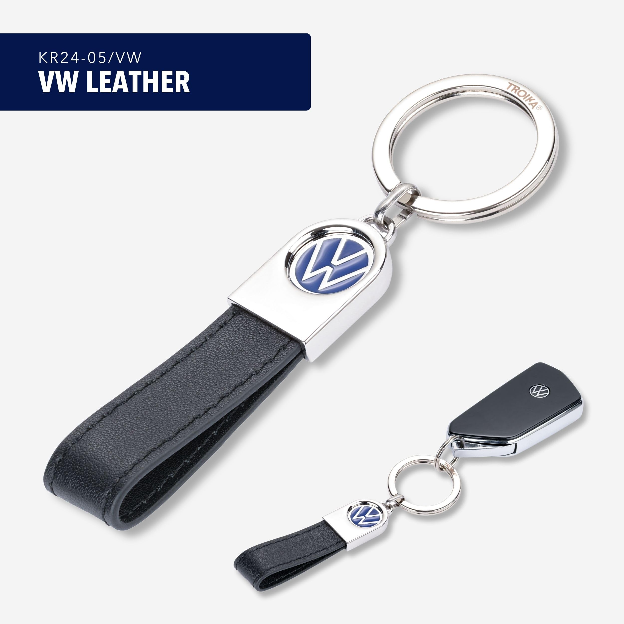 Troika Brelok z logo VW, skórzana szlufka - VW LEATHER - skóra, metal - czarny, niebieski, srebrny, oryginalny, czarny, poręczny, Czarny, handy