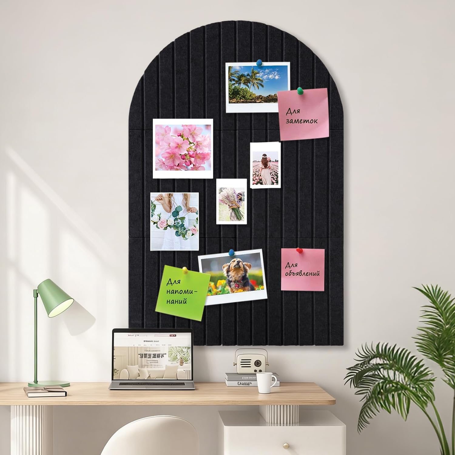 6 Pack Arched Felt Bulletin Board, 35" x 24" Large Pink Pinboard with 30 Push Pins, Felt Pin Board, Self-Adhesive Cork Board Tiles for Home, Office Walls, School Classroom Message Photos Display