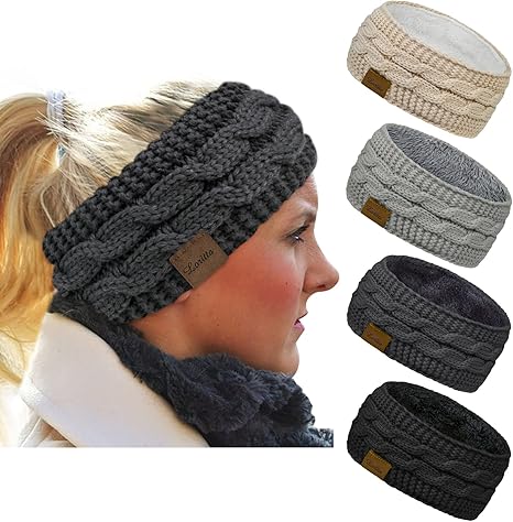 Loritta 4 Pack Womens Winter Headbands Fuzzy Fleece Lined Ear Warmer Cable Knit Thick Warm Crochet Headband Gifts