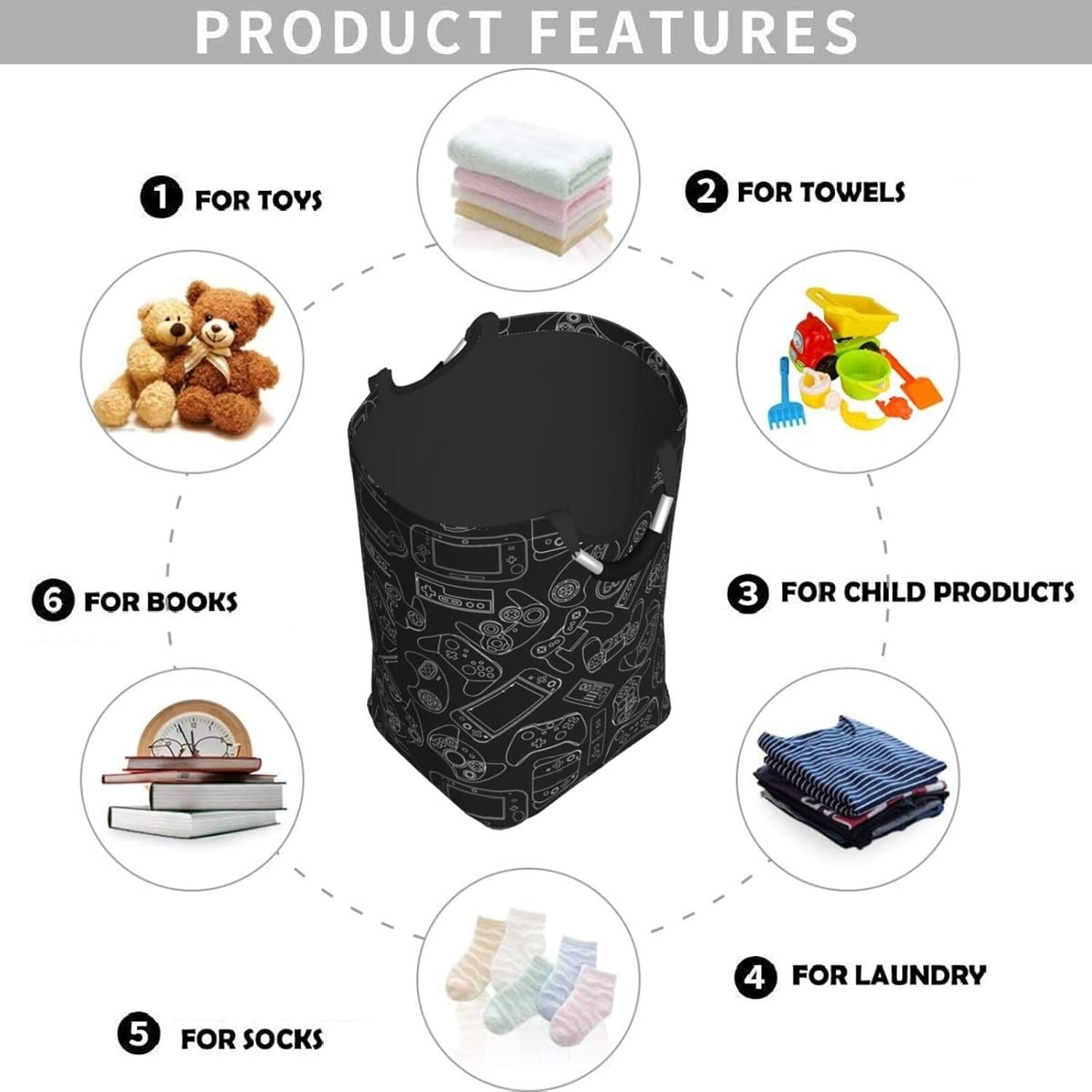 Video Game Controller Black Background Large Laundry Hamper Gaming Theme Storage Basket Toys Clothes Organizer Bin For Home Bathroom Bedroom Dorm Nursery, 60l