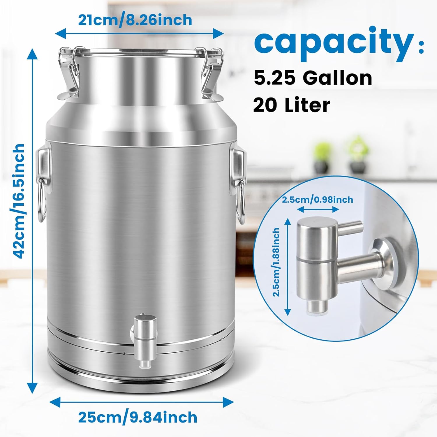 304 Stainless Steel 20 Liter Milk Can, 5.25 Gallon Wine Pail Bucket with Spigot and Sealed Lid, Heavy Duty
