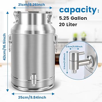 304 Stainless Steel 20 Liter Milk Can, 5.25 Gallon Wine Pail Bucket with Spigot and Sealed Lid, Heavy Duty