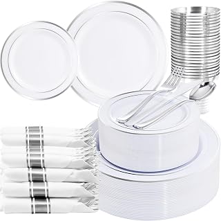 WELLIFE 210-Piece Silver Plastic Dinnerware Set for 30 Guests - Plates, Cups, Napkins & Silverware for Parties & Weddings