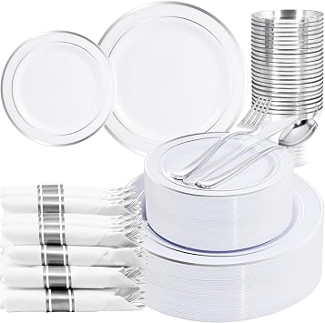 WELLIFE 210 Piece Silver Plastic Dinnerware Set for 30 Guests, Include 30 Dinner Plates, 30 Dessert Plates, 30 Pre Rolled Napkins with Silverware and 30 Silver Cups