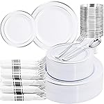 WELLIFE 210 Piece Silver Plastic Dinnerware Set for 30 Guests, Plastic Plates for Party, Include: 30 Dinner Plates, 30 Dessert Plates, 30 Pre Rolled Napkins with Silver Silverware and 30 Silver Cups