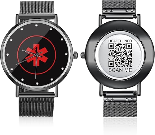 Reloj de pulsera médica mejorado para hombres y mujeres con código QR, pulseras de identificación de alerta médica, pulsera de acero inoxidable de 9
