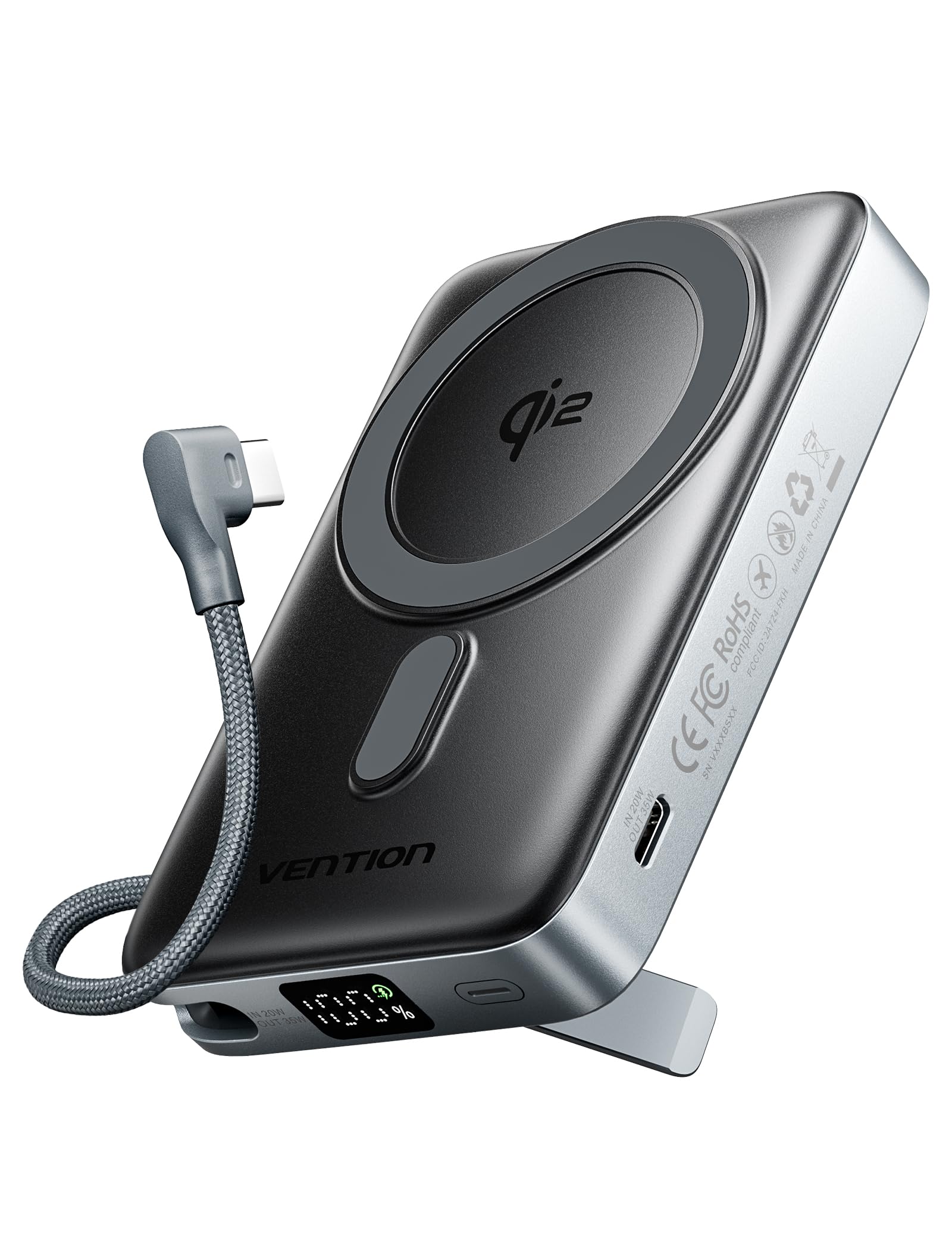VENTION Power Bank Magnética Inalámbrica de 10000mAh – Certificación Qi2, Carga Rápida de 15W, PD de 35W, Cable Tipo-C Incorporado, Pantalla LED – Compatible con iPhone 16/15/14, iPad, Galaxy S25