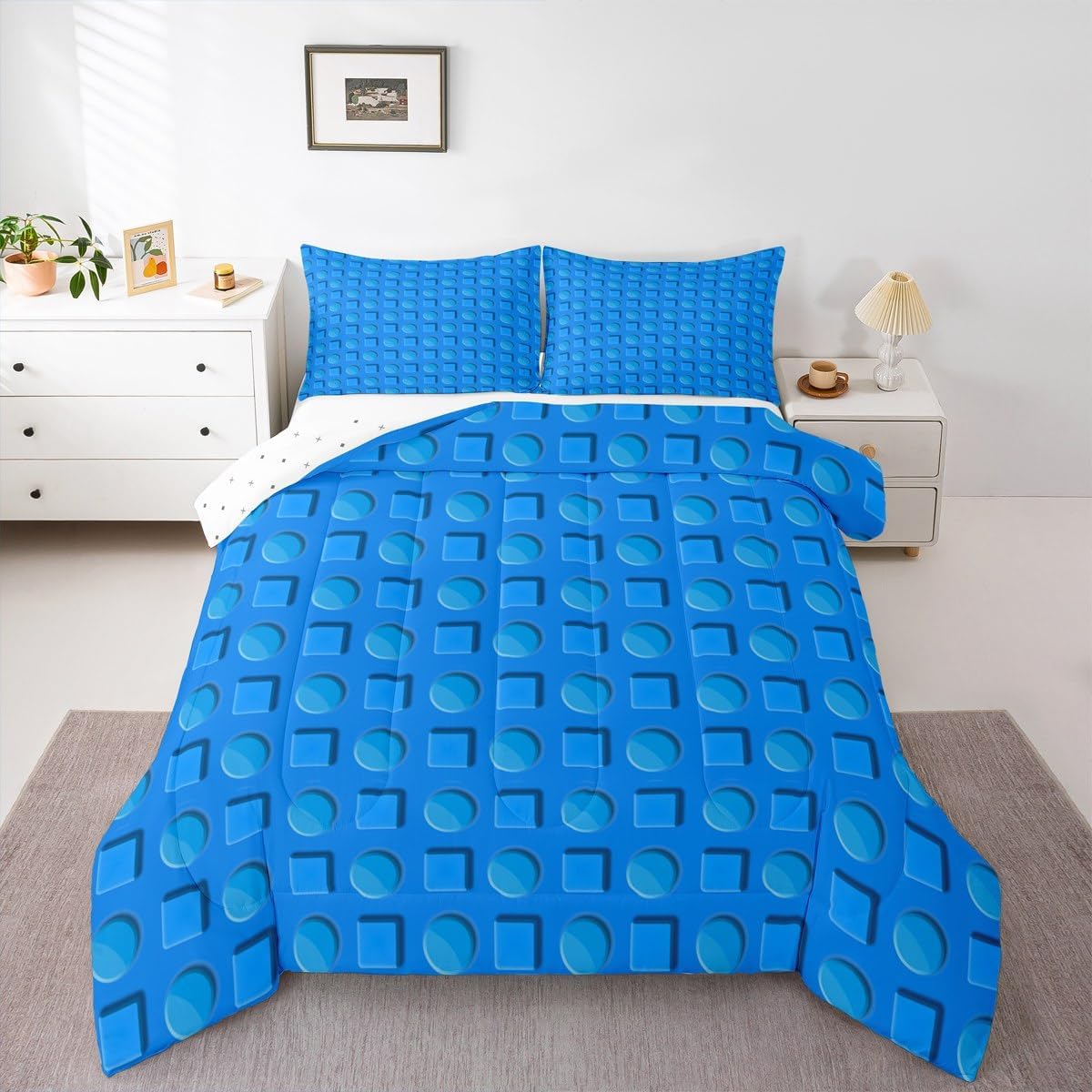 Feelyou Building Blocks Comforter Set Full Size Toy Brick Comforter Set for Kids Teens Adults Blue Blocks Bedding Set Kids Gaming Duvet Set Room Decor 3Pcs with 2 Pillow Case