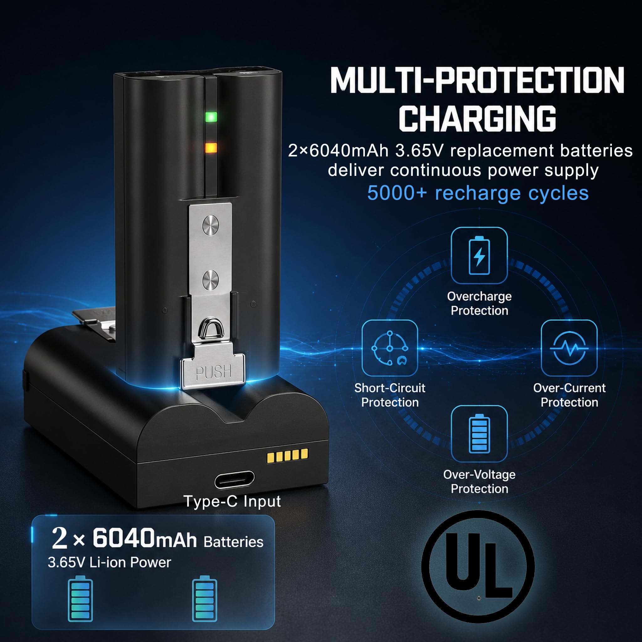 Kit caricabatterie a 3 scomparti, confezione da 2 batterie di ricambio ad alta capacità da 6040 mAh 3,65 V per campanello ad anello, stazione di ricarica con display a LED, per campanello ad anello 2