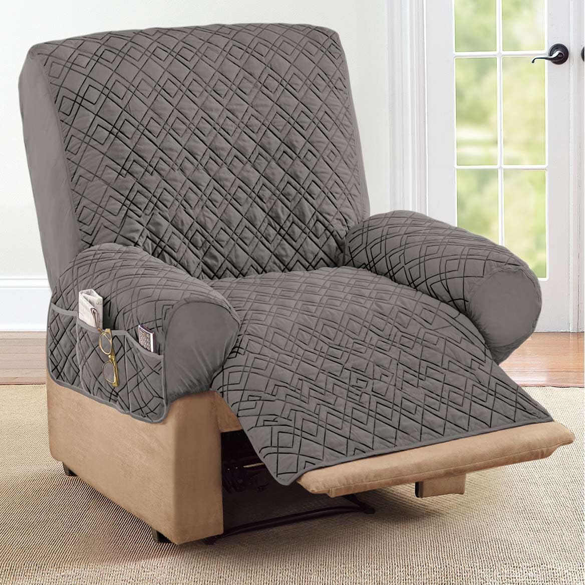 Collections Etc Diamond-Shape Quilted Stretch Recliner Cover with Storage Pockets and Elastic Straps - Furniture Protector