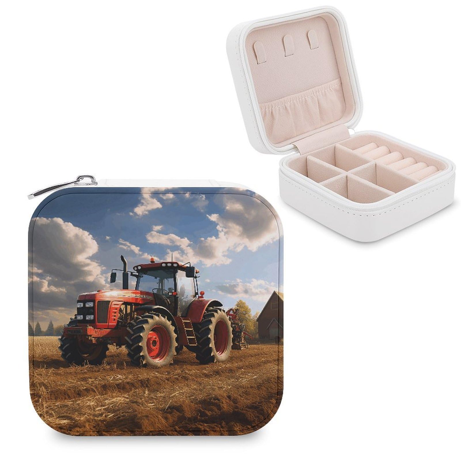 VstaDank Fantasy Farm Tractor Travel Jewelry Case Small Portable Jewellry Organizer Box PU Leather Organizer Boxes Personalized Jewellery Storage Holder Gift for Womens Rings Earrings