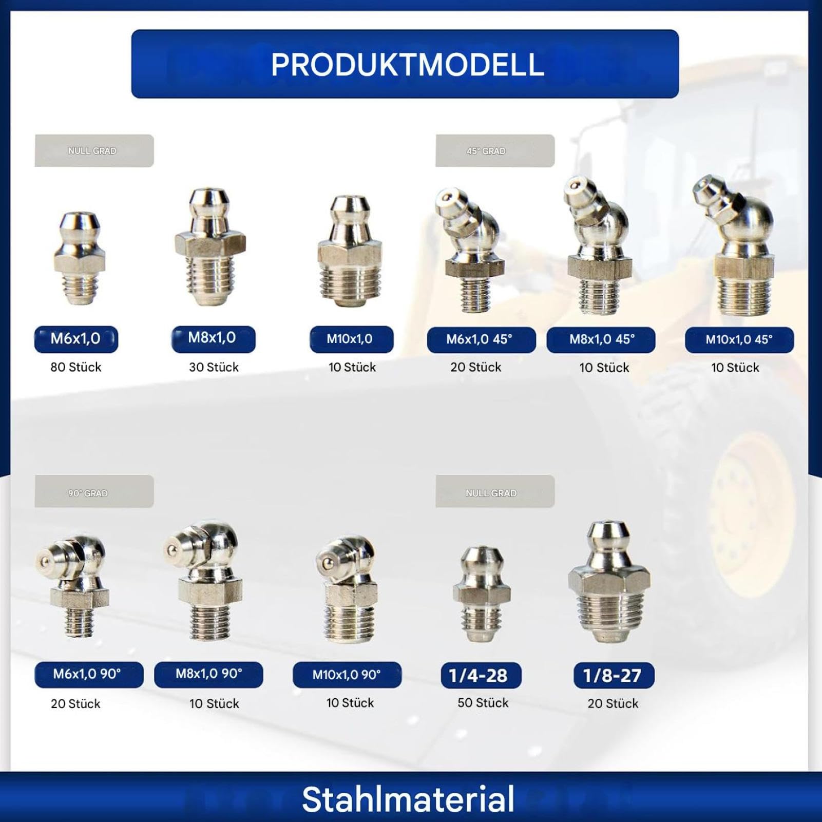 Surtido de boquillas de grasa – M6 M8 M10 – Kit de montaje (270 unidades) | Boquillas cónicas de acero galvanizado, ángulo recto de 45° y 90°, accesorios profesionales para máquinas y coches