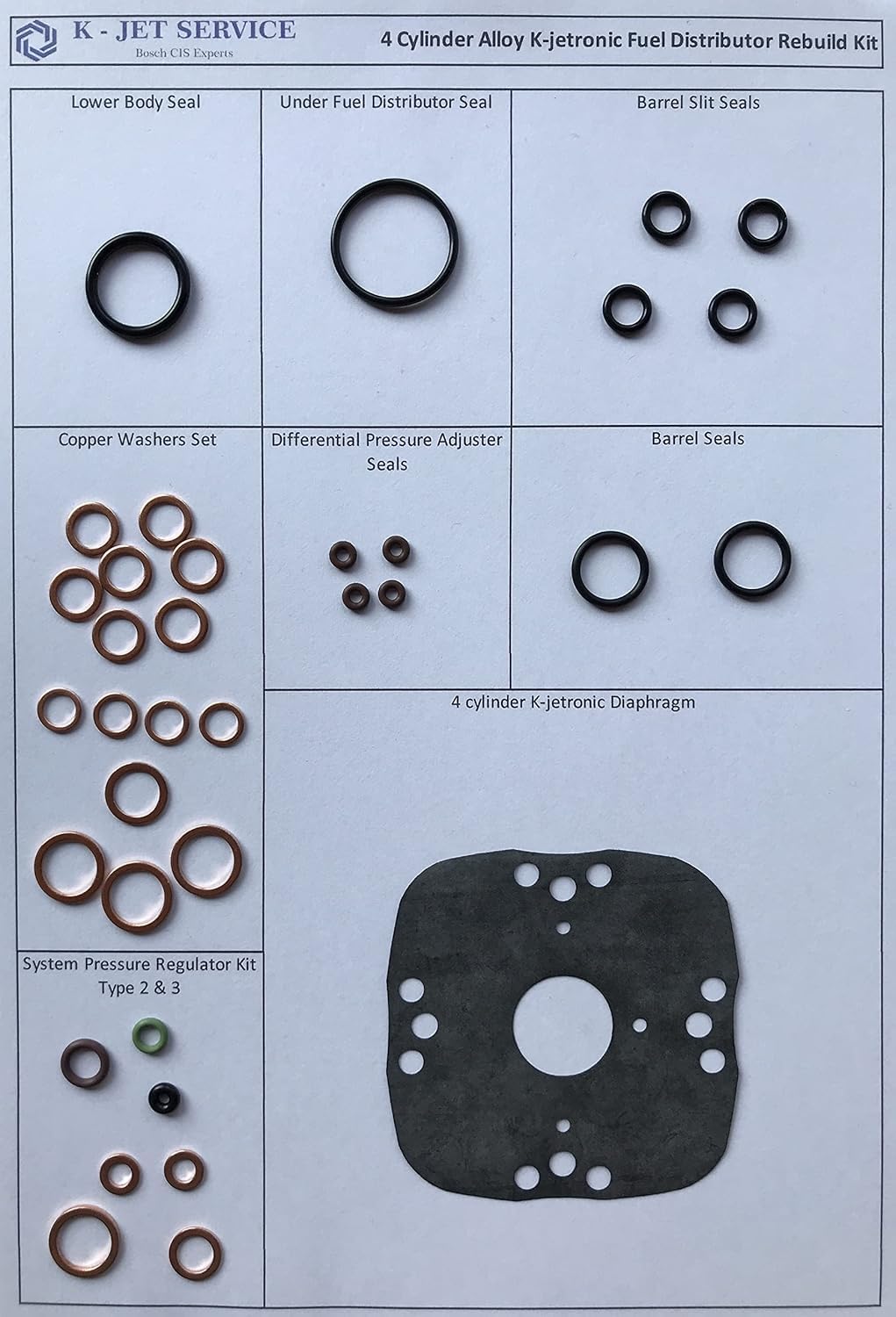 Bosch K-Jetronic - Juego de reparación de piezas de recambio para todos los cilindros Bosch de 4 cilindros K-Jetronic de aluminio, Mercedes 190, 200, 230, Audi 80, Volkswagen Golf, Passat y Scirocco