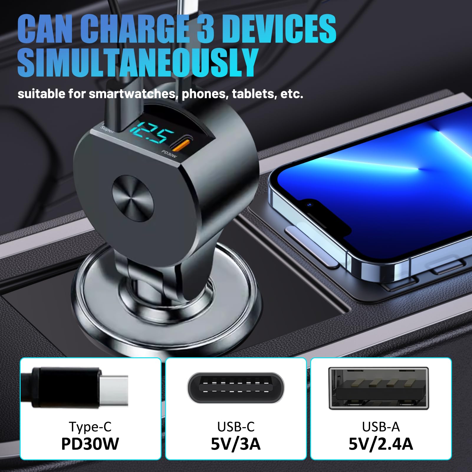 Caricatore Auto Accendisigari Retrattile 3 in 1 75W con Cavo USB C Retrattile e Porta USB-A, Carica Cellulare per Auto Rapido PD 30W QC3.0, Compatibile con i-Phone 16/15/14, Sam-sung, Huawei, Xiaomi,