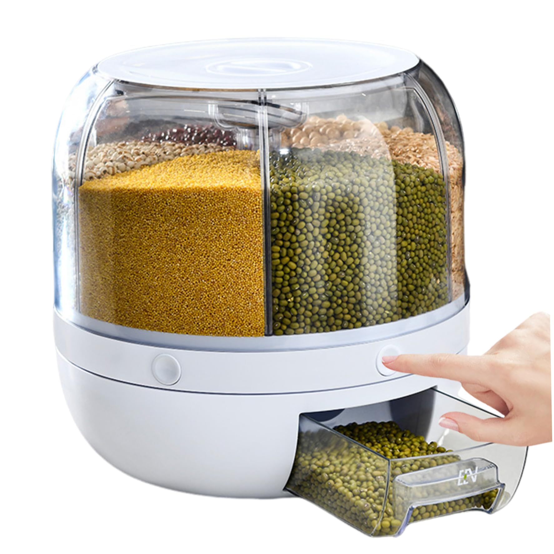 Suxdlan Rice Dispenser Large Capacity Grain Storage Container 6 Grids 360° Rotatable Cereal Dispenser With Lid For Beans Cereal White