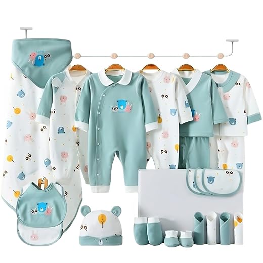 26-Piece Newborn Baby Boy Clothes Set – 100% Cotton Layette Essentials, Coming Home Outfit, 0-9 Months, Green