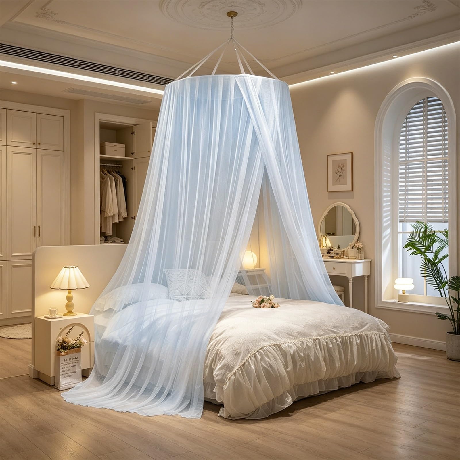 SARKEY Prinzessinnen Betthimmel,Bettvorhang,Feines Durchsichtiges Netz,Kuppelbetthimmel,romantisch Für Erwachsene,Hochzeit,Schlafzimmer,Dekoration(Blue,King (Wide Fit)/Super King)