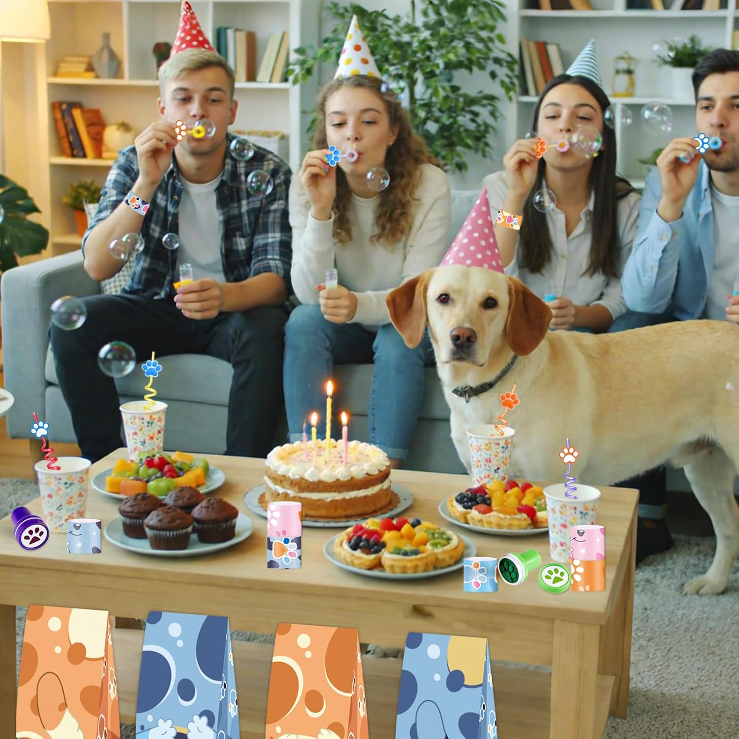 Dog Paw Party Favors Set - 120pcs Dog Paw Theme Party Supplies with Slap Bracelets, Bubble Wands, Stickers, Straws & Gift Bags for Birthday Rewards for Party Education - Image 6