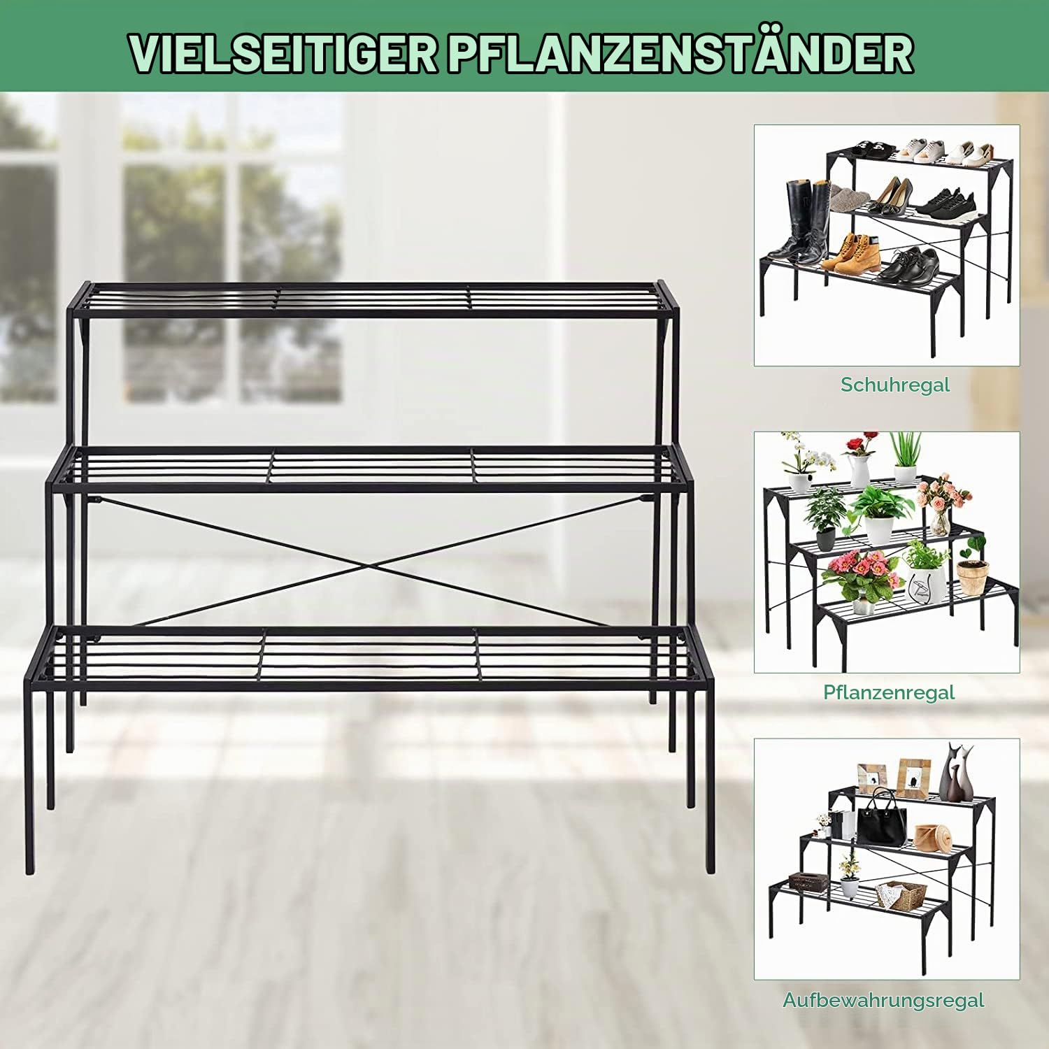 RELAX4LIFE Blumentreppe 3-stufig, Blumenregal aus Metall, Blumenständer mit 3 Ebenen, Pflanzenständer Freistehend, Pflanzentreppe für Balkon Terrasse Garten Wohnzimmer (Leiterform 2)
