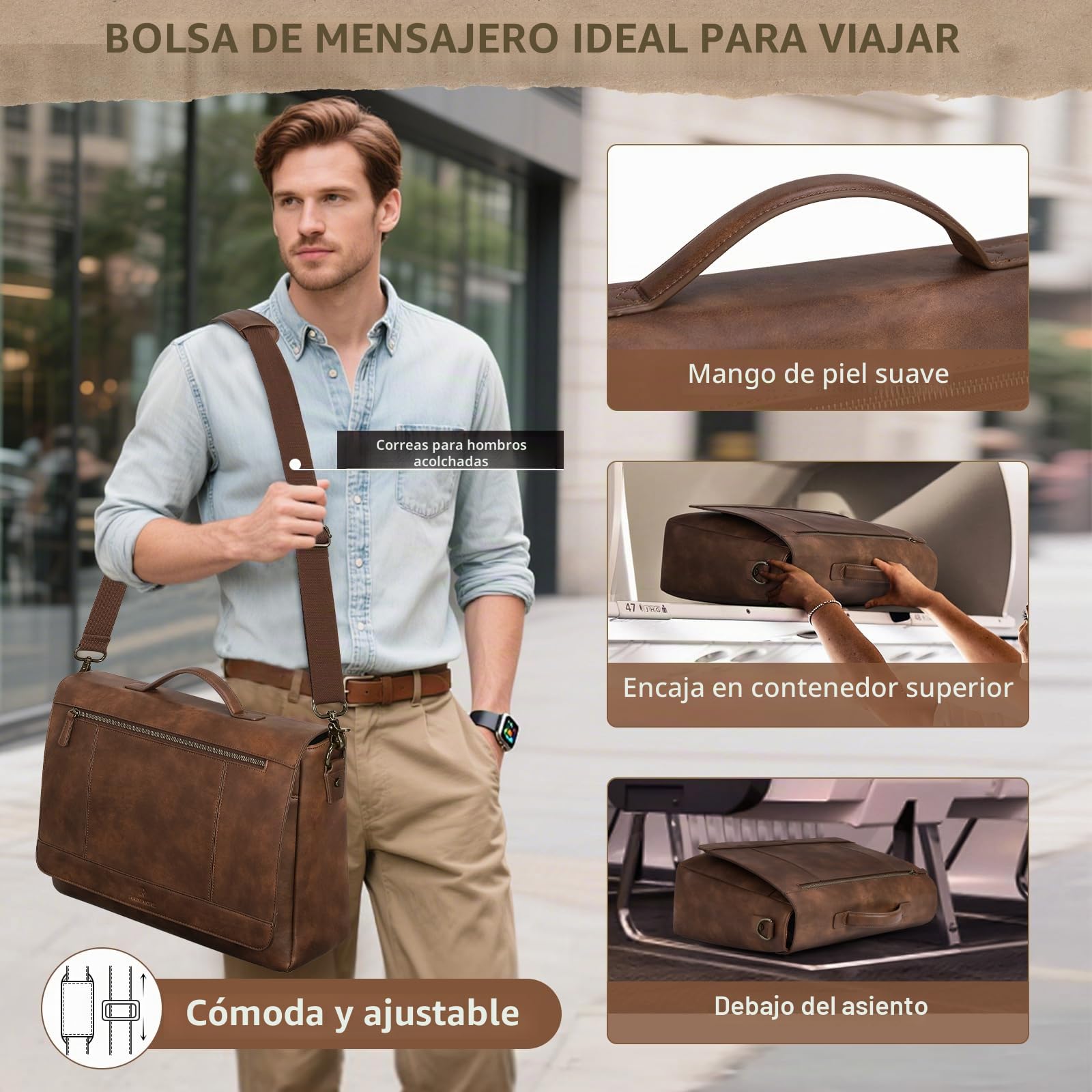 RAINSMORE Bolso bandolera de cuero para hombre, 15.6 pulgadas, impermeable, vintage, maletín para computadora, bolso grande para el trabajo, negocios, oficina, universidad