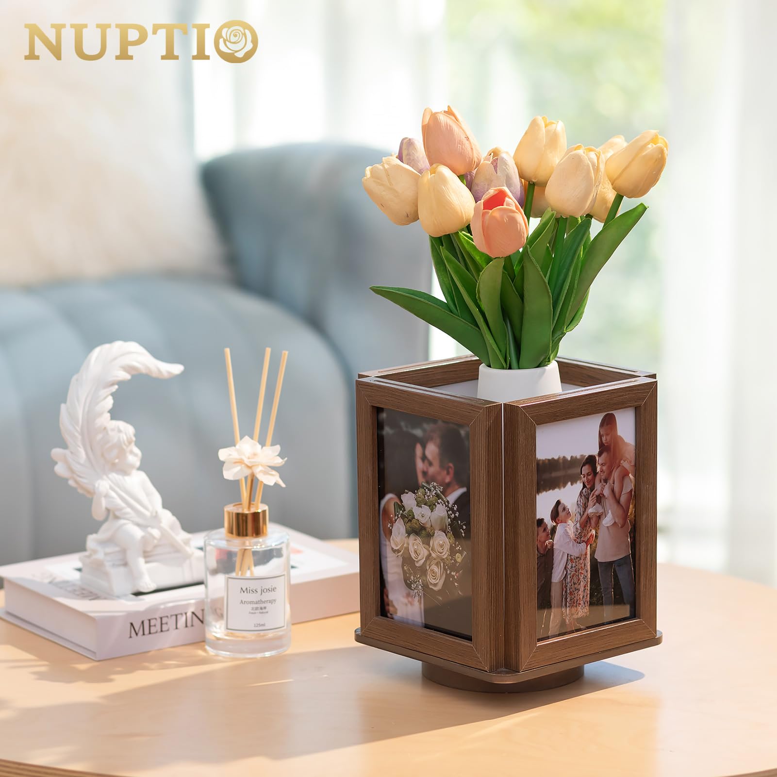 NUPTIO Cadres photo rotatifs en forme de cube : lot de 2 cadres photo en bois marron double 10,2 x 15,2 cm pour mariage, Noël, anniversaire, bureau, décoration de bureau à domicile