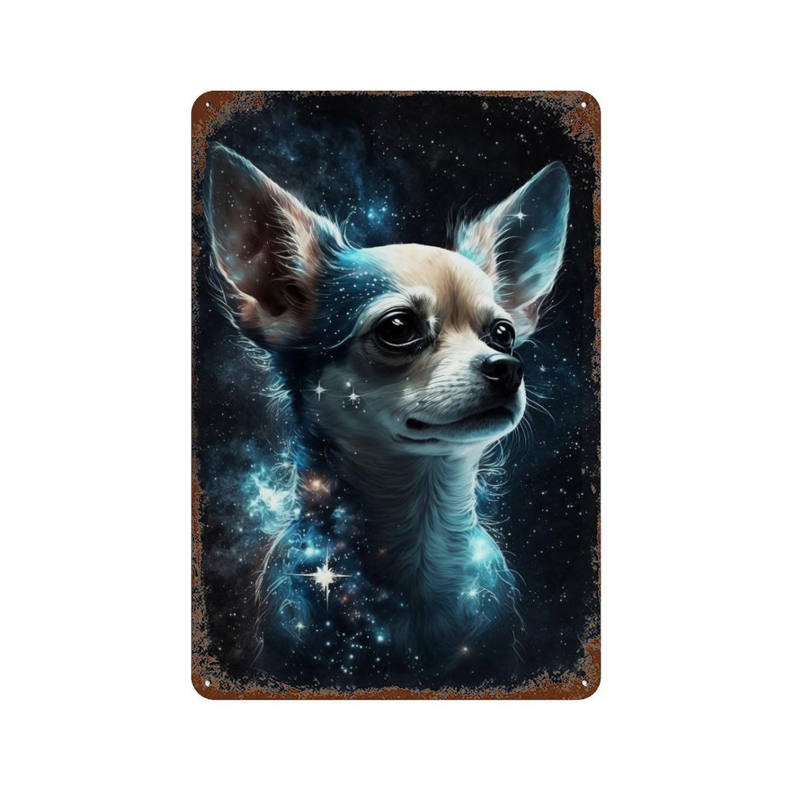 Rusty Metal Tin Sign with Galactic Chihuahua Cosmic Companion -1 Design 11.8"x7.9", for Shed, Workshop And Garage Wall Decor, Classic Wall Plaque