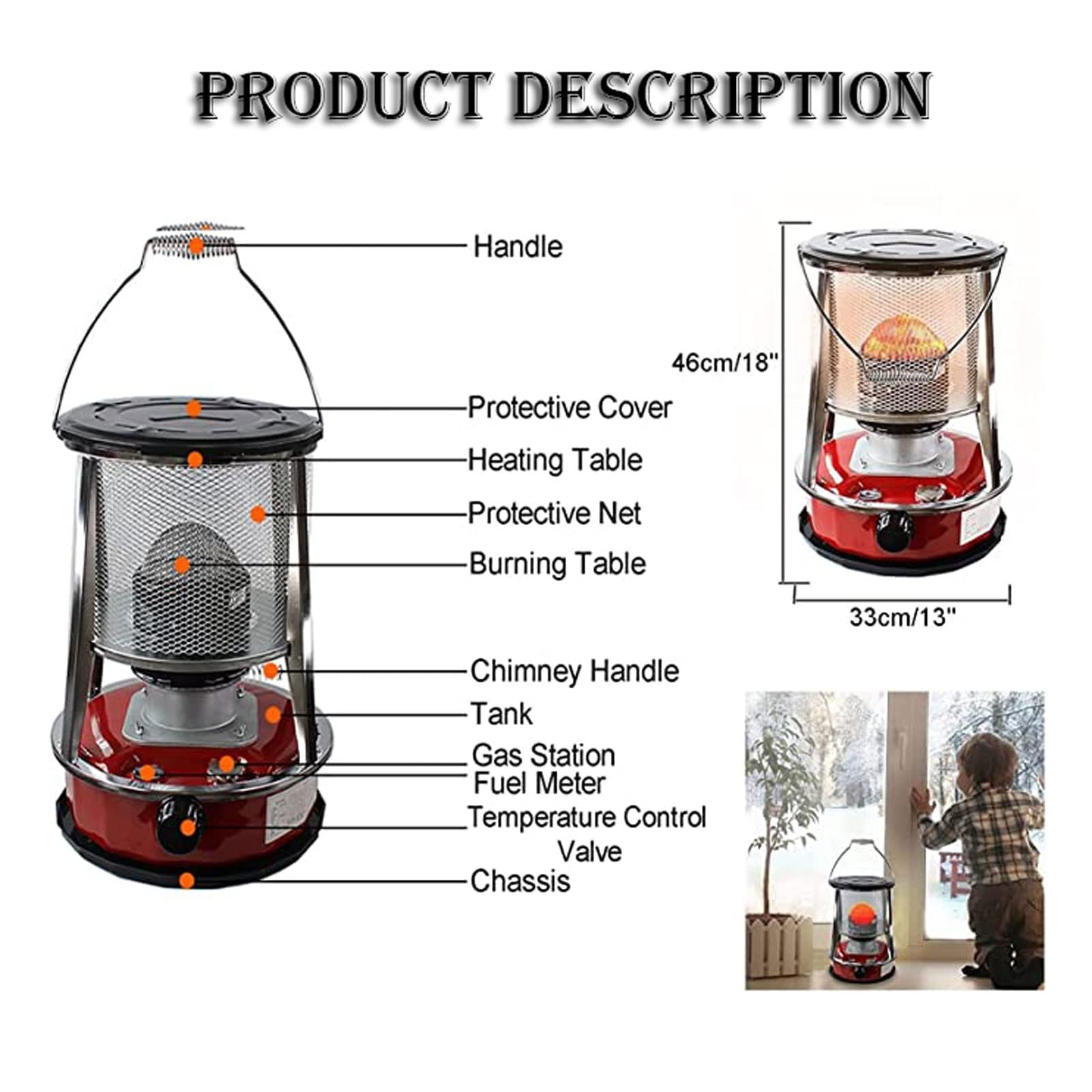 Calentadores de Parafina, Estufa de Queroseno para Interior, Eficaz 360° Calefacción Envolvente Potencia de Fuego Ajustable/Red