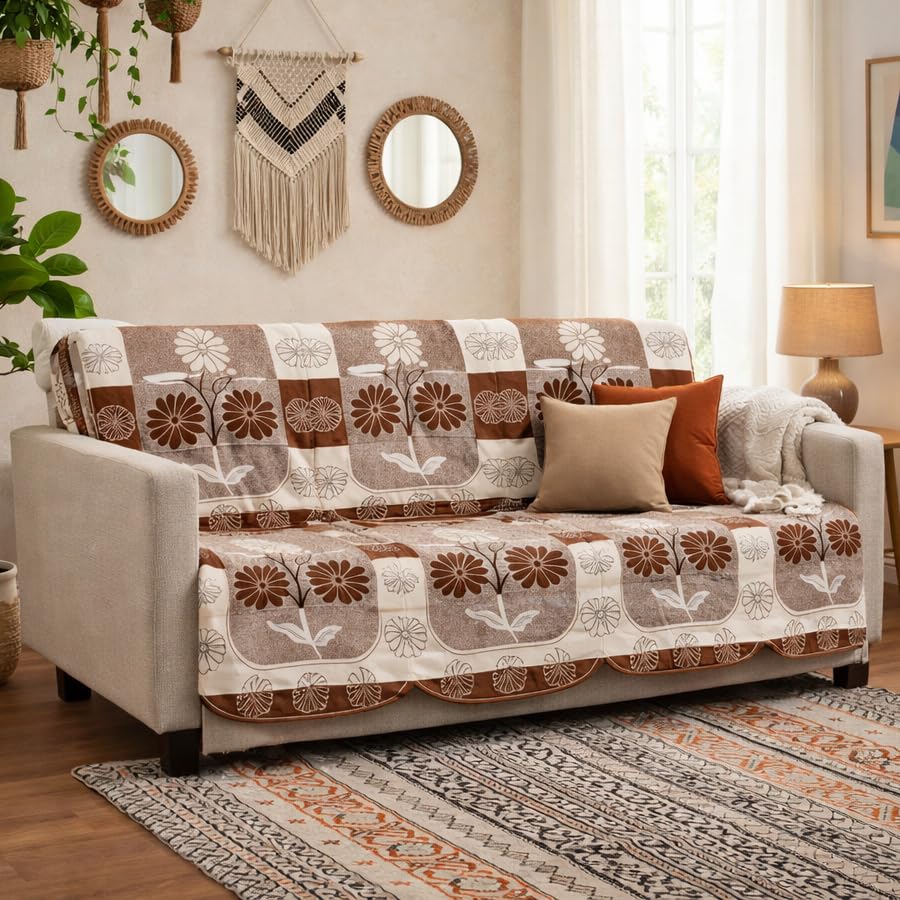 Image of STITCHNEST 10 Piece Cotton Net Sofa Cover | Washable Protective Covers | Floral Design | Beige