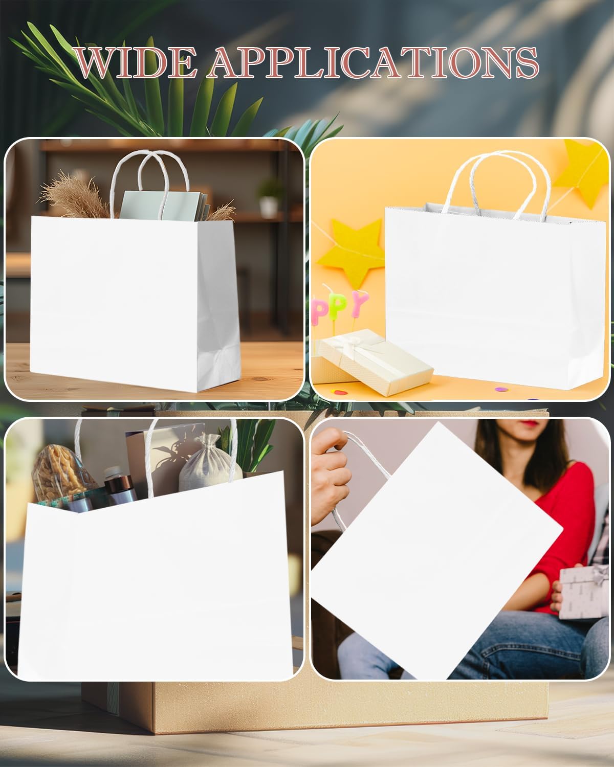 qiqee 50-Packs White Paper Gift Bags with Handles Bulk 12.6"x4.3"x10" Wide Large Size Party Favor Bags Multiple Uses - Image 5