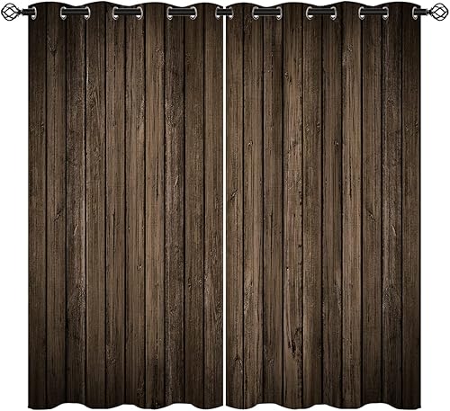 Cortinas opacas con panel de madera marrón para niñas y niños, decoración del hogar, decoración rústica de pared de granja, con ojales, aislamiento