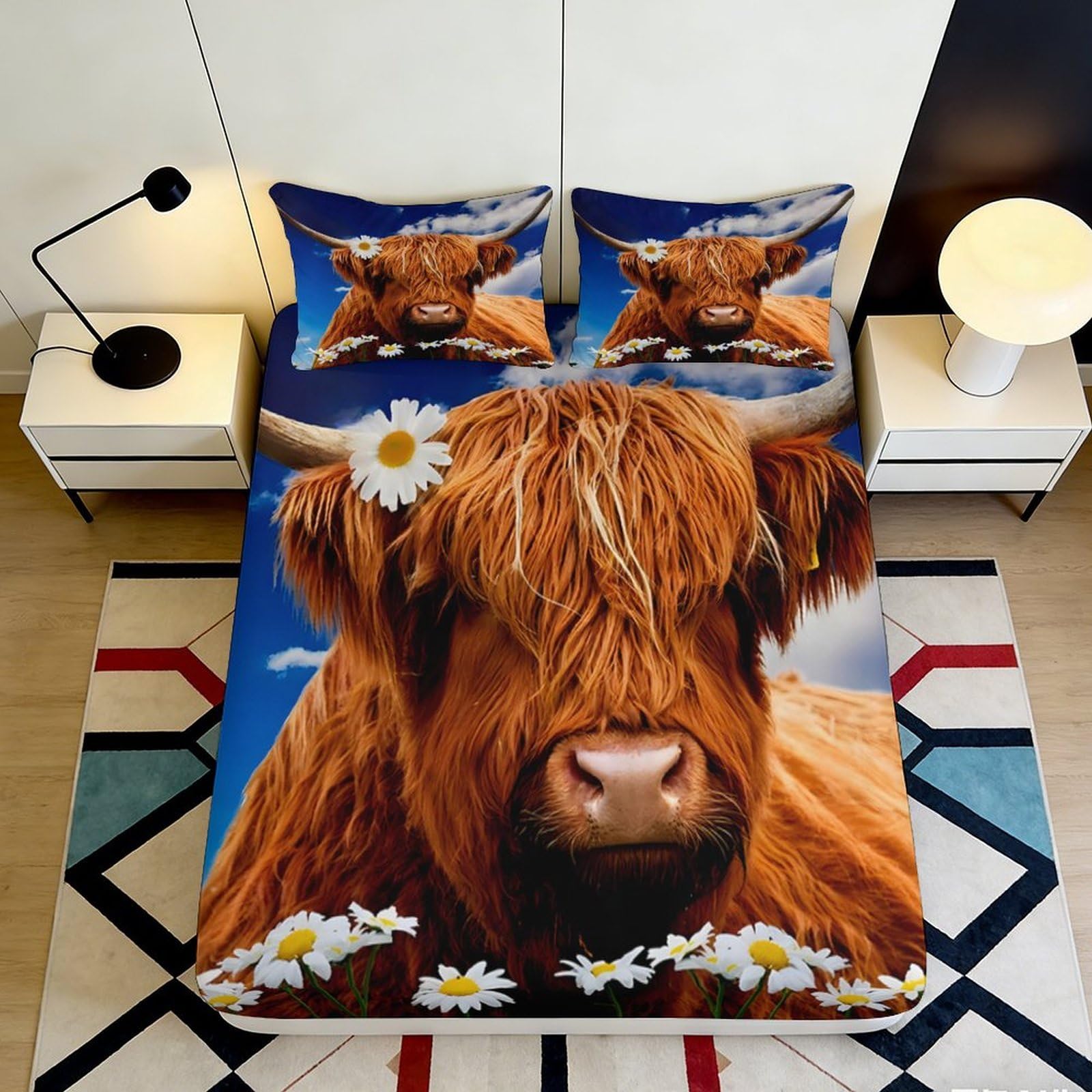 Pnayamiorkfel Style-4 3D Printed Highland Cow Fitted Sheet Microfiber Decorative Daisy Bed Cover For Bedroom Guest Room Mattress Protection 90X200x25cm