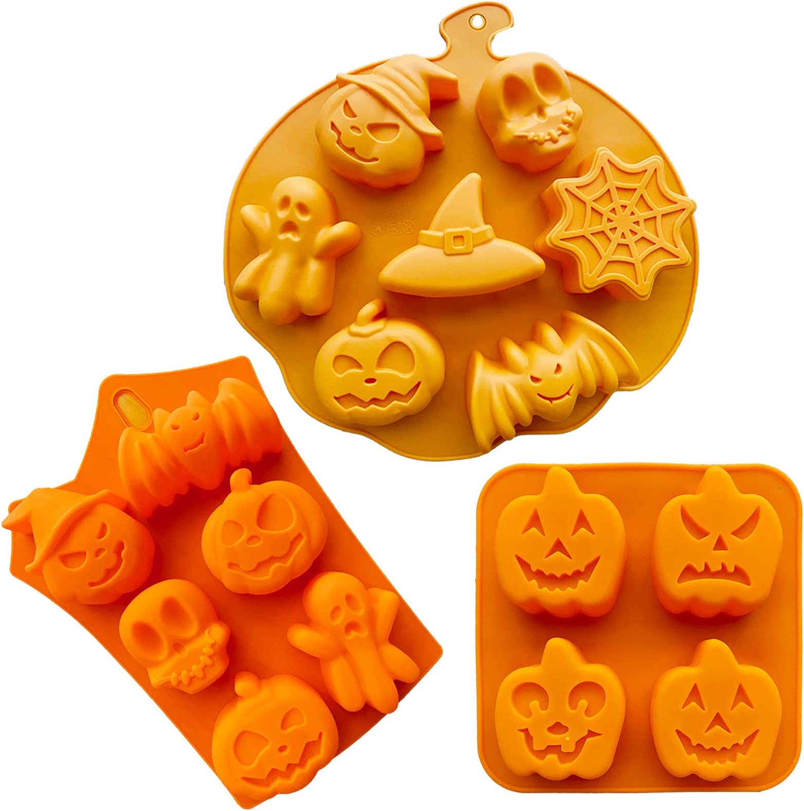 3 PCS Halloween Silicone Baking Mold Muffin Candy Mold with Pumpkin, Evil, Skull, Ghost Shape, Perfect to DIY Making Cake, Pudding, Ice Cube, Chocolate