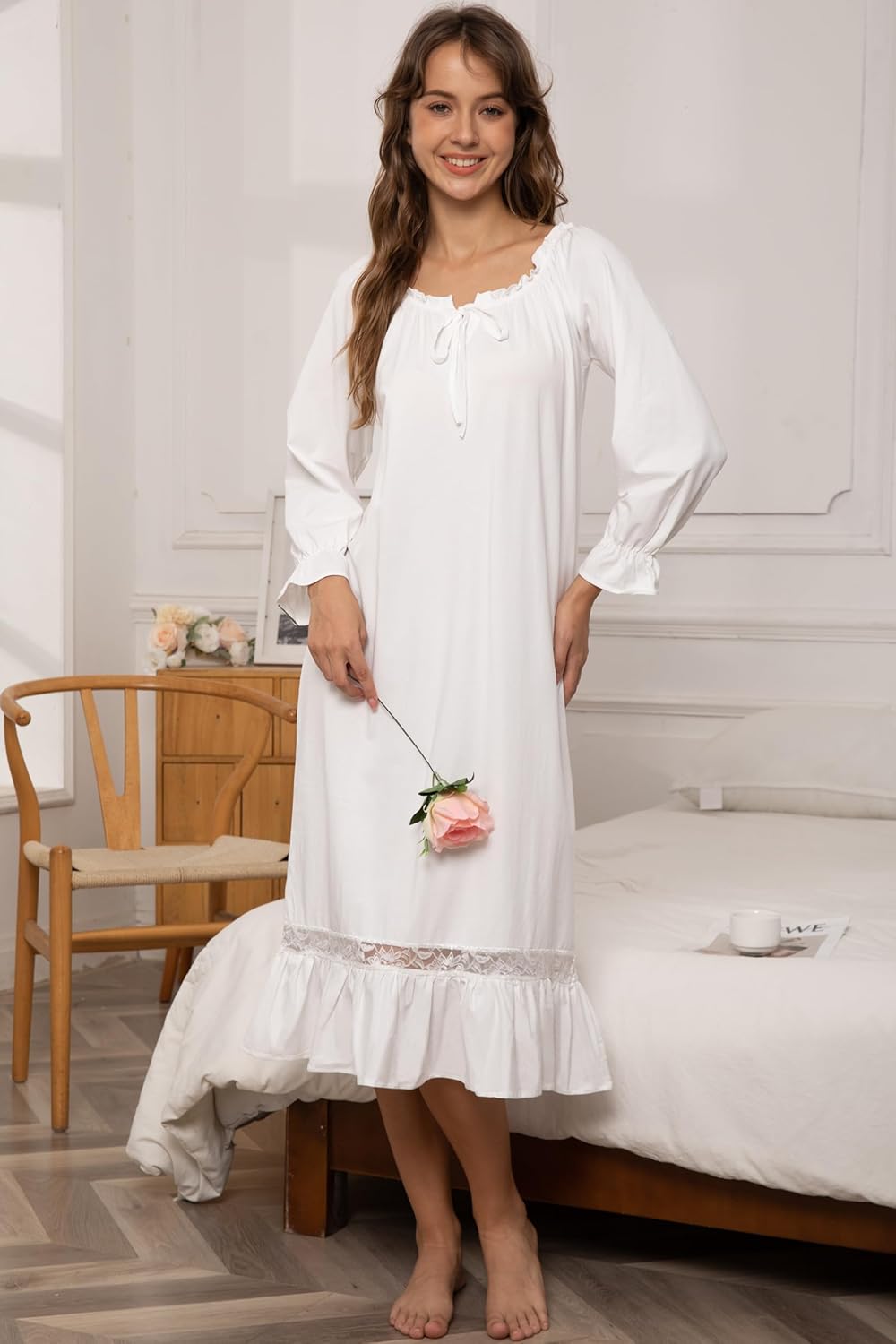 Nanxson Womens Cotton Nightgown Long Sleeve Sleepwear Vintage Victorian Lace Nightdress Loungewear - Image 2